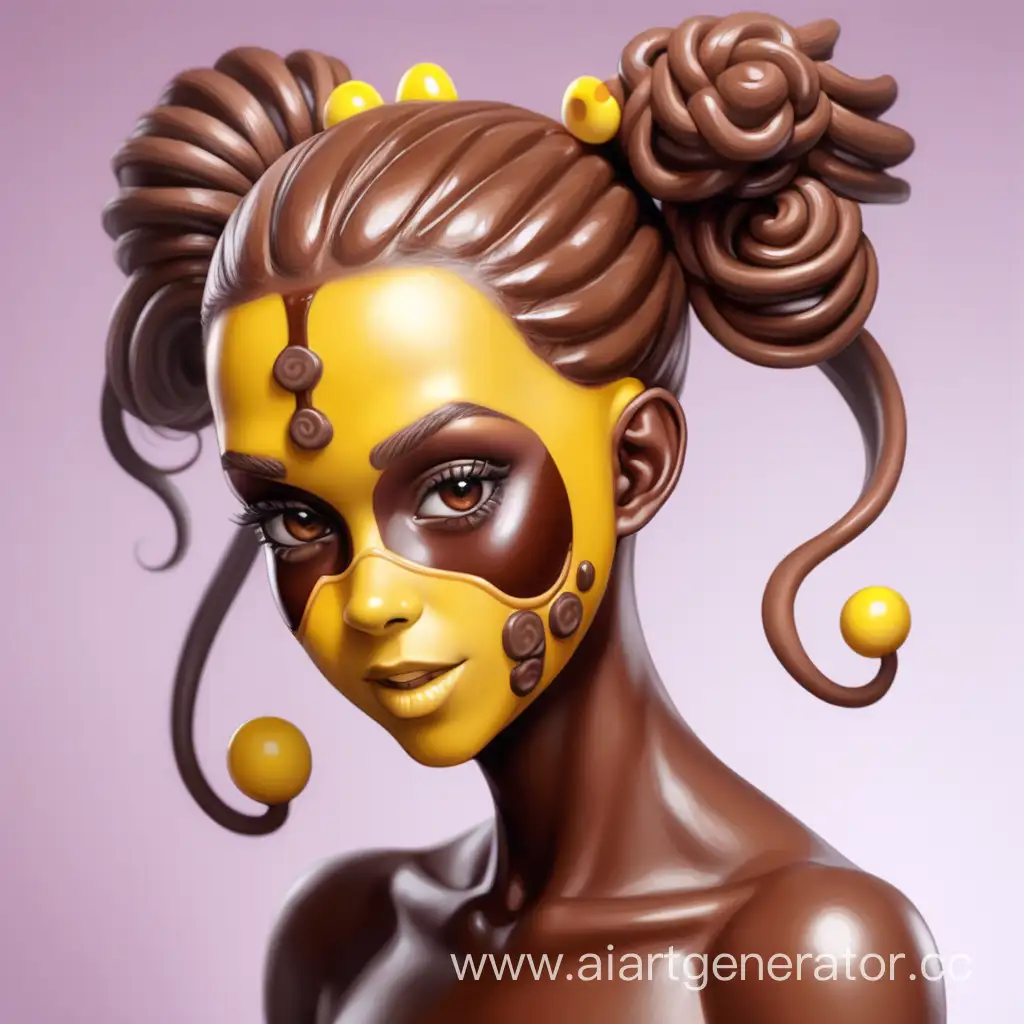 Хуманизация конфеты в шоколадную девушку с кожей из шоколада с прической из заварного крема в маске из карамели на лице 