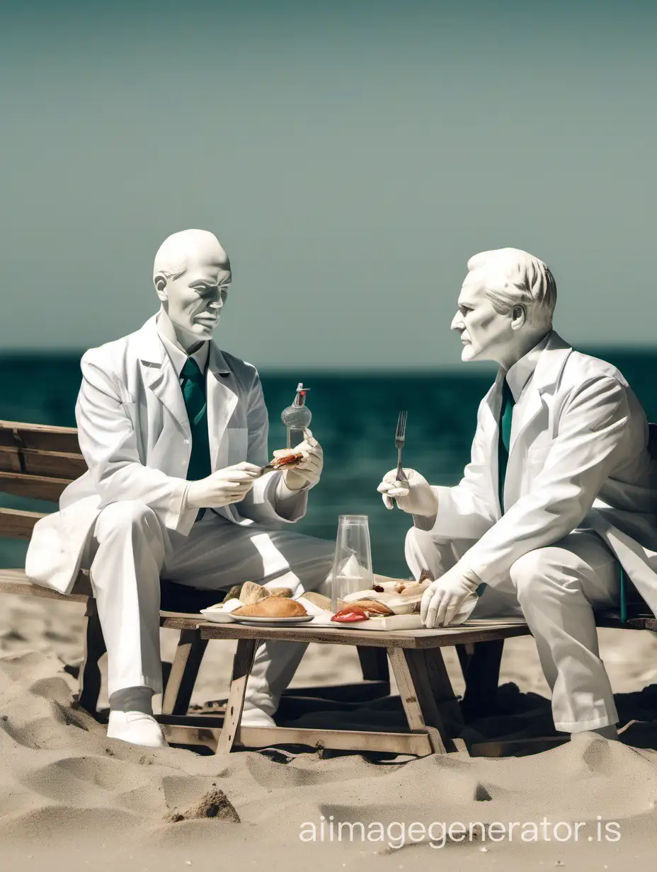 Создай изображение двух белых работников медицинского учреждения, обедающих на пляже. Сохрани их профессионализм, не нужно делать из этого что-то странное. И ни в коем случае не добавляй статую Ленина на задний план.