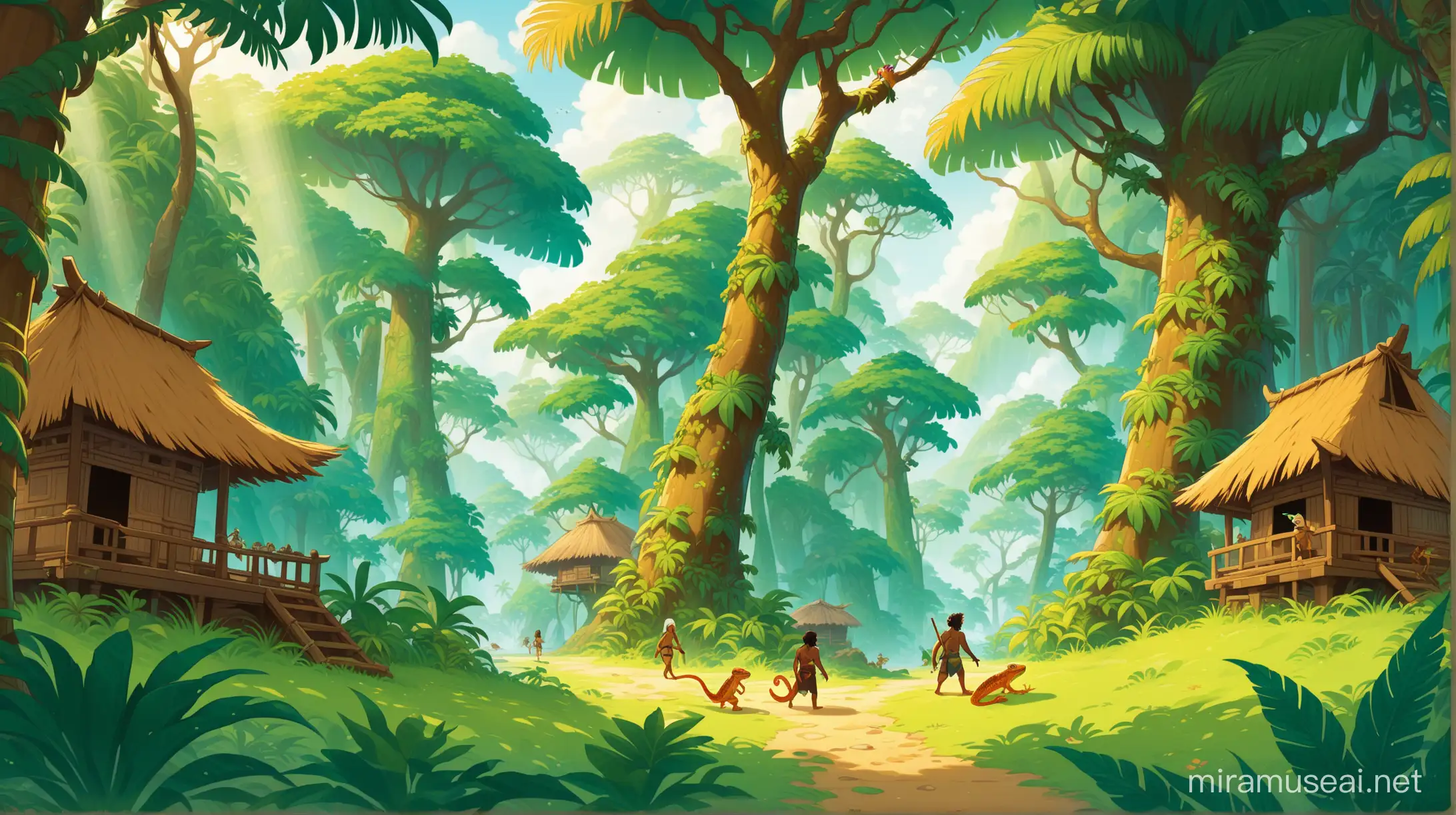 Tropical Forest in the High Pacific Mountains with Melanesian Huts and Characters in Wakfu Style