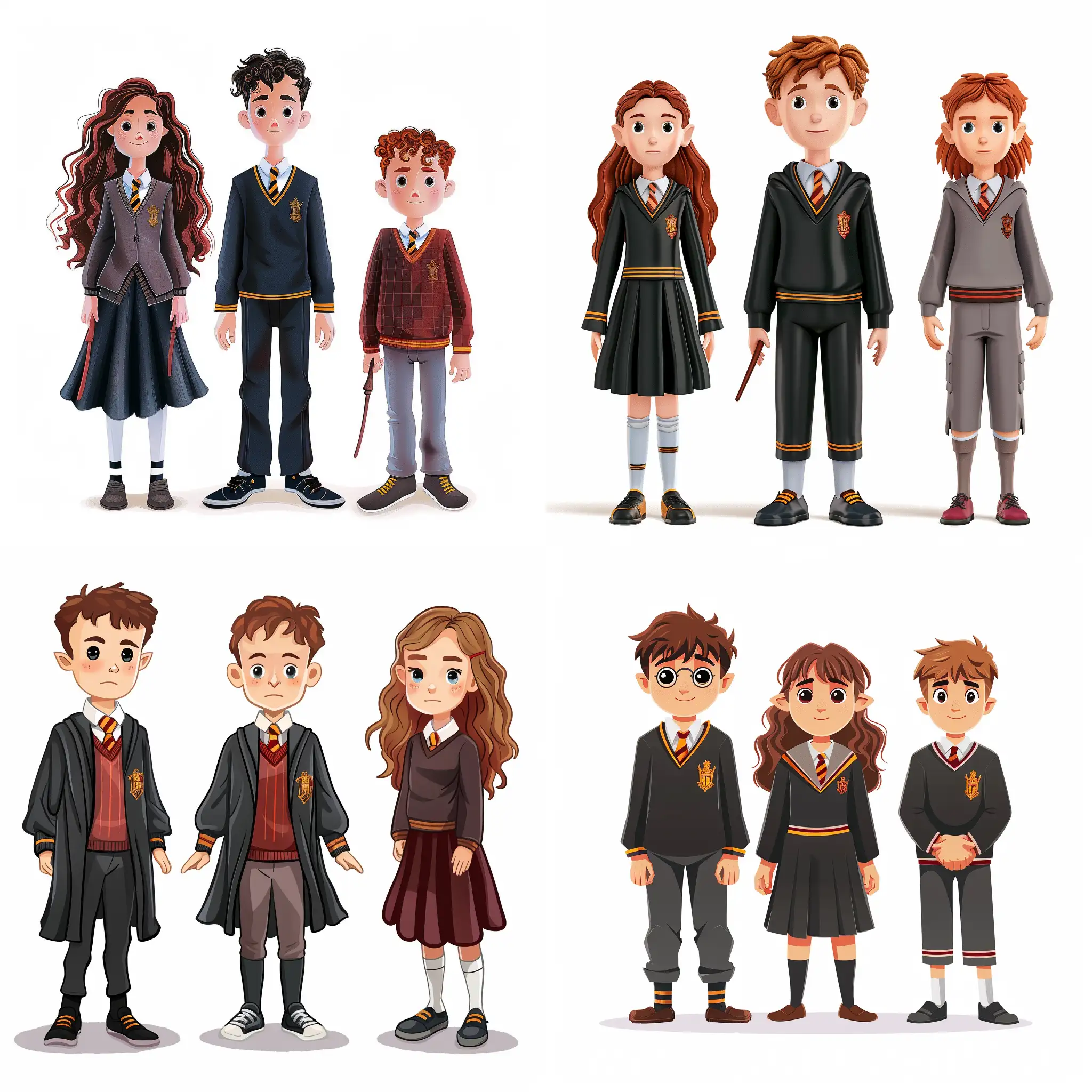 a full-length figure of a boy who looks like Malfoy Draco, a full-length figure of a girl who looks like Hermione Jean Granger, a figure of a boy who looks like Ronald Bilius Weasley, on a white background, bright colors, cartoon style, illustration