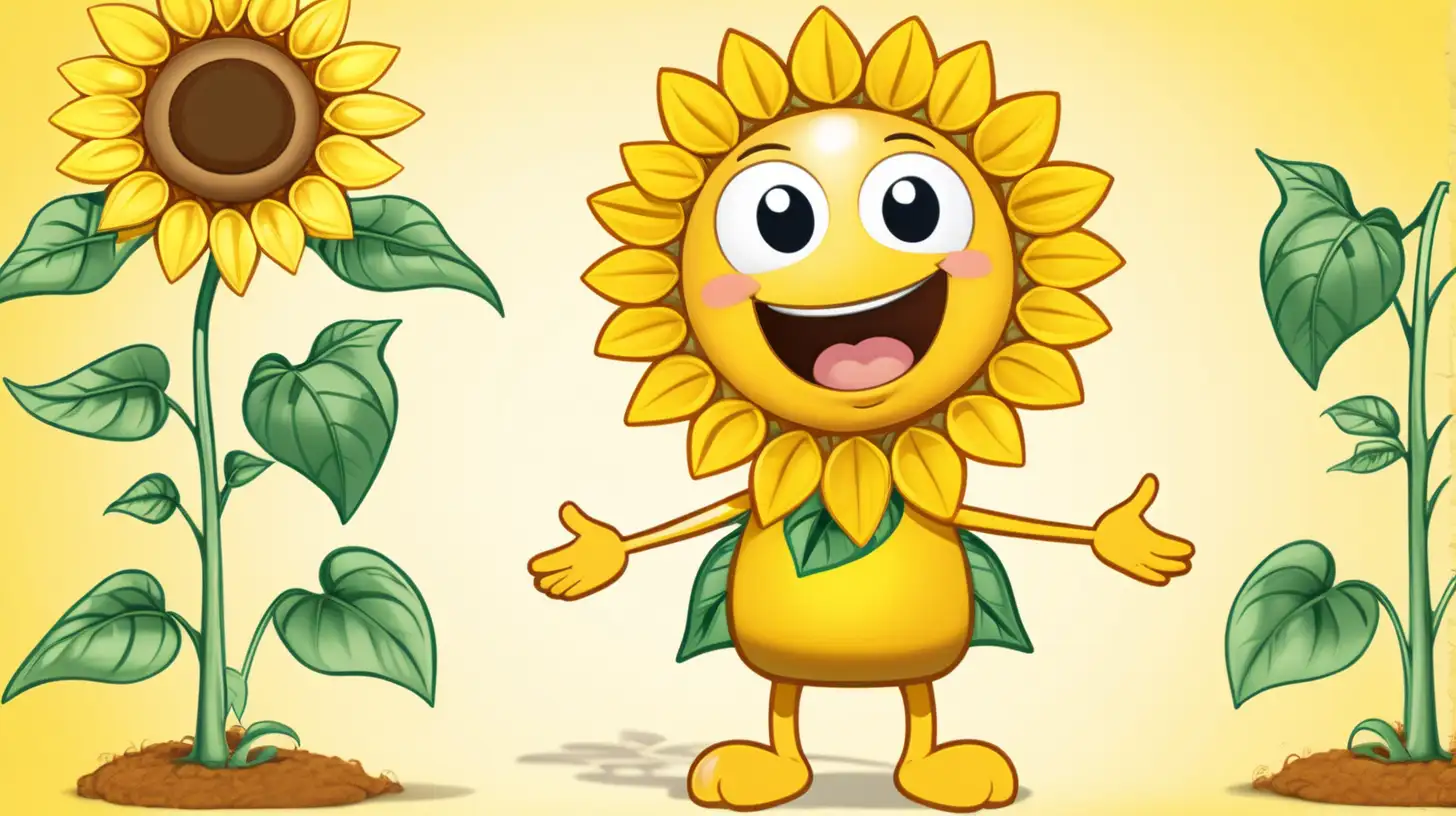 create sunny the adorable sunflower cartoon character that has 2 leaves as hands, a small nose, a happy smile, bright eyes, short legs