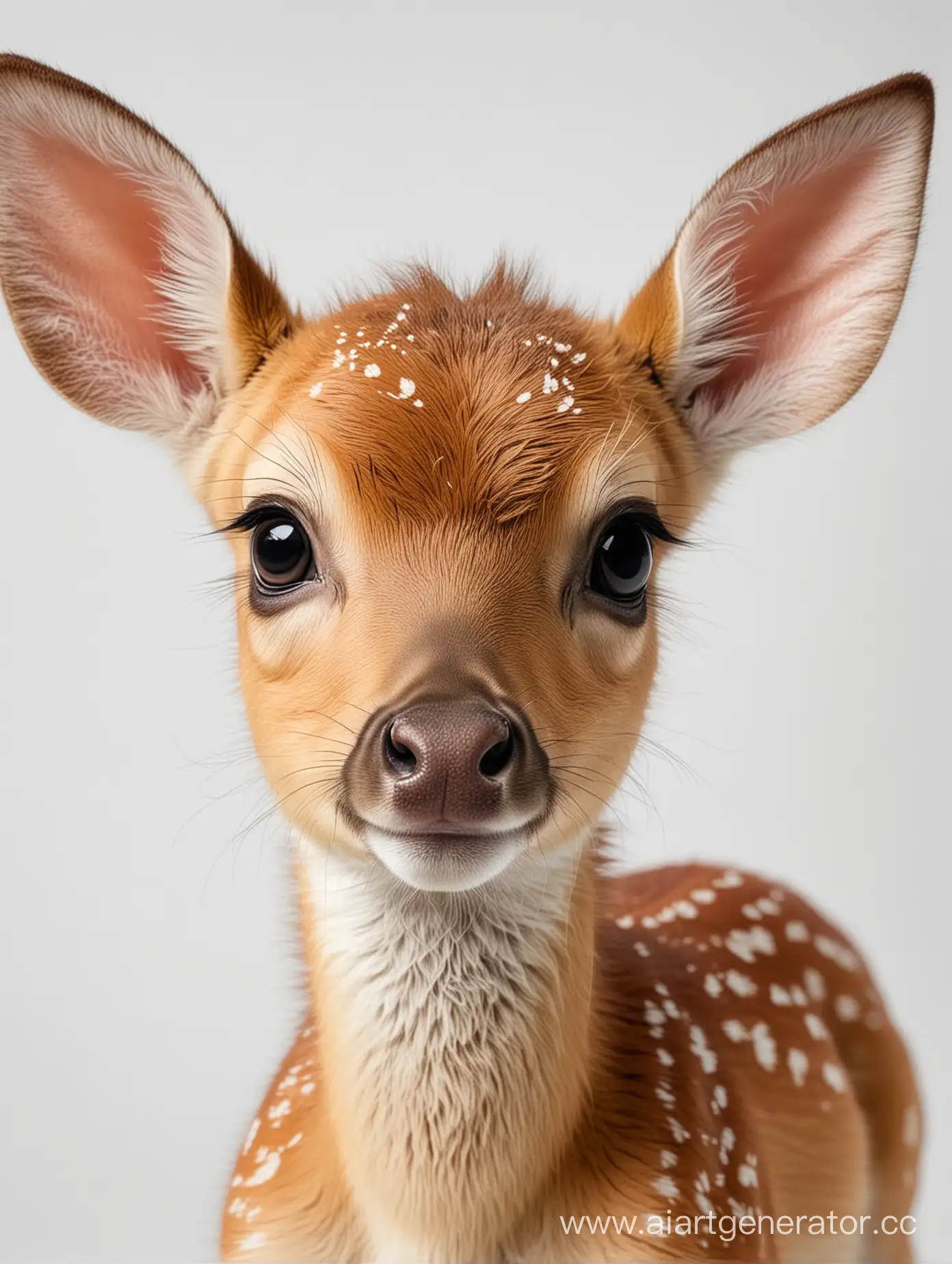 The face of a little cute fawn. White background