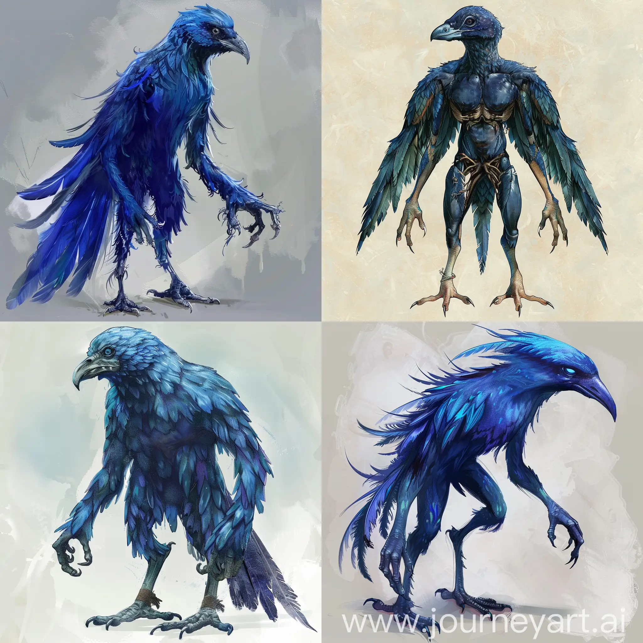 八英尺高，看起来很像鸟，是蓝色或靛蓝色长着羽毛。没有翅膀。有很像人的身躯、手臂、手掌、脚、