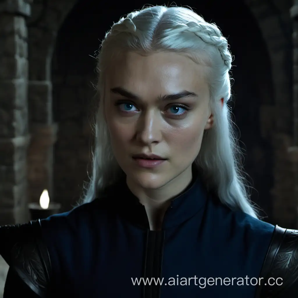 young woman, white hair, blue eyes, round face, in the castle, game of thrones series screencap, Keira Knightley face, in black dress