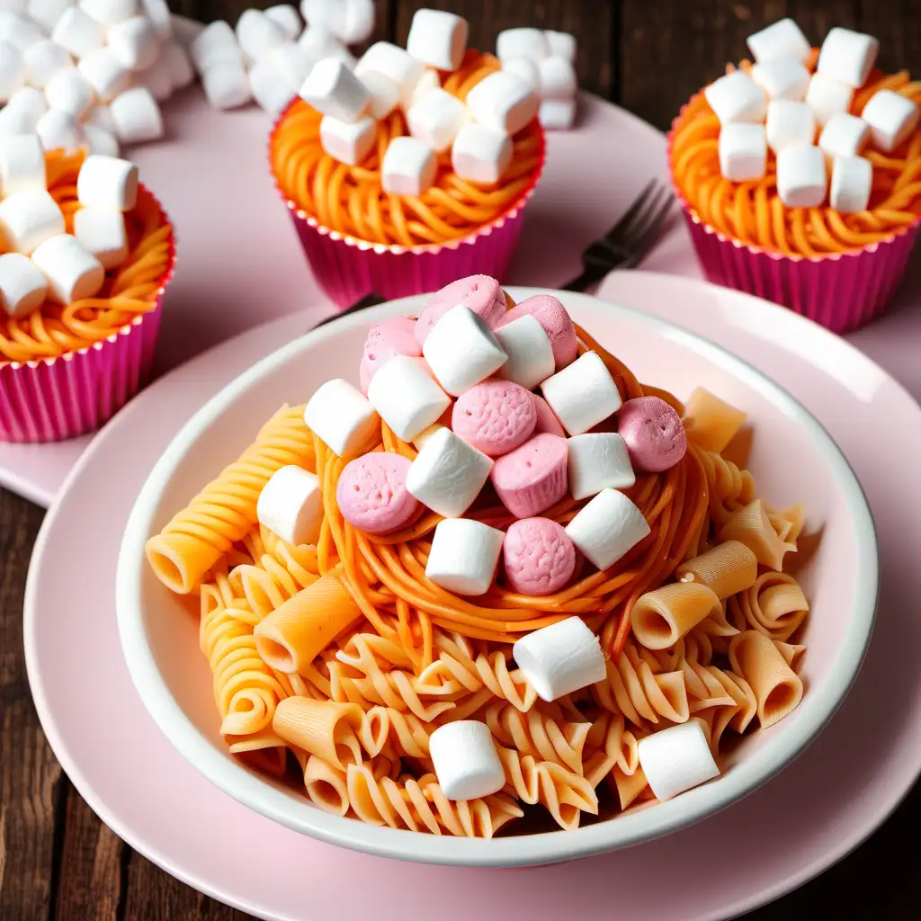 Pasta with cupcakes and marshmallows 