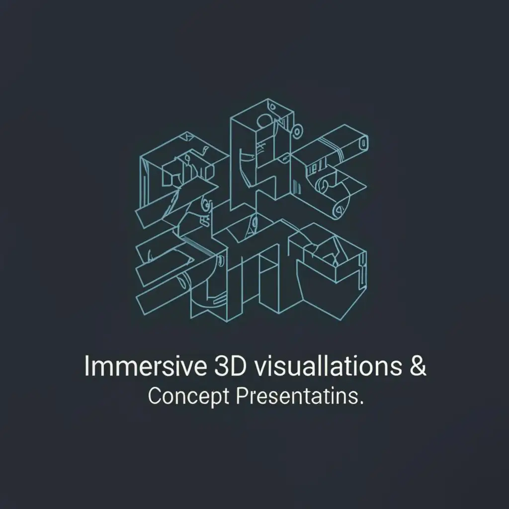 logo, blueprints dark themed, with the text "Immersive 3D Visualizations and Concept Presentations:", typography