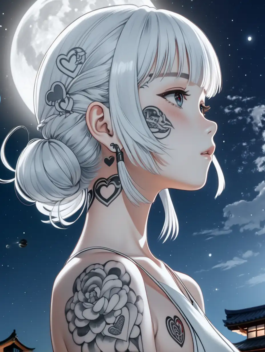 a anime japanese style girl with white silver/white hair, a heart tattoo on her face and other line tattoos on her arms looking on the side and a big shinny moonlight  in the background
