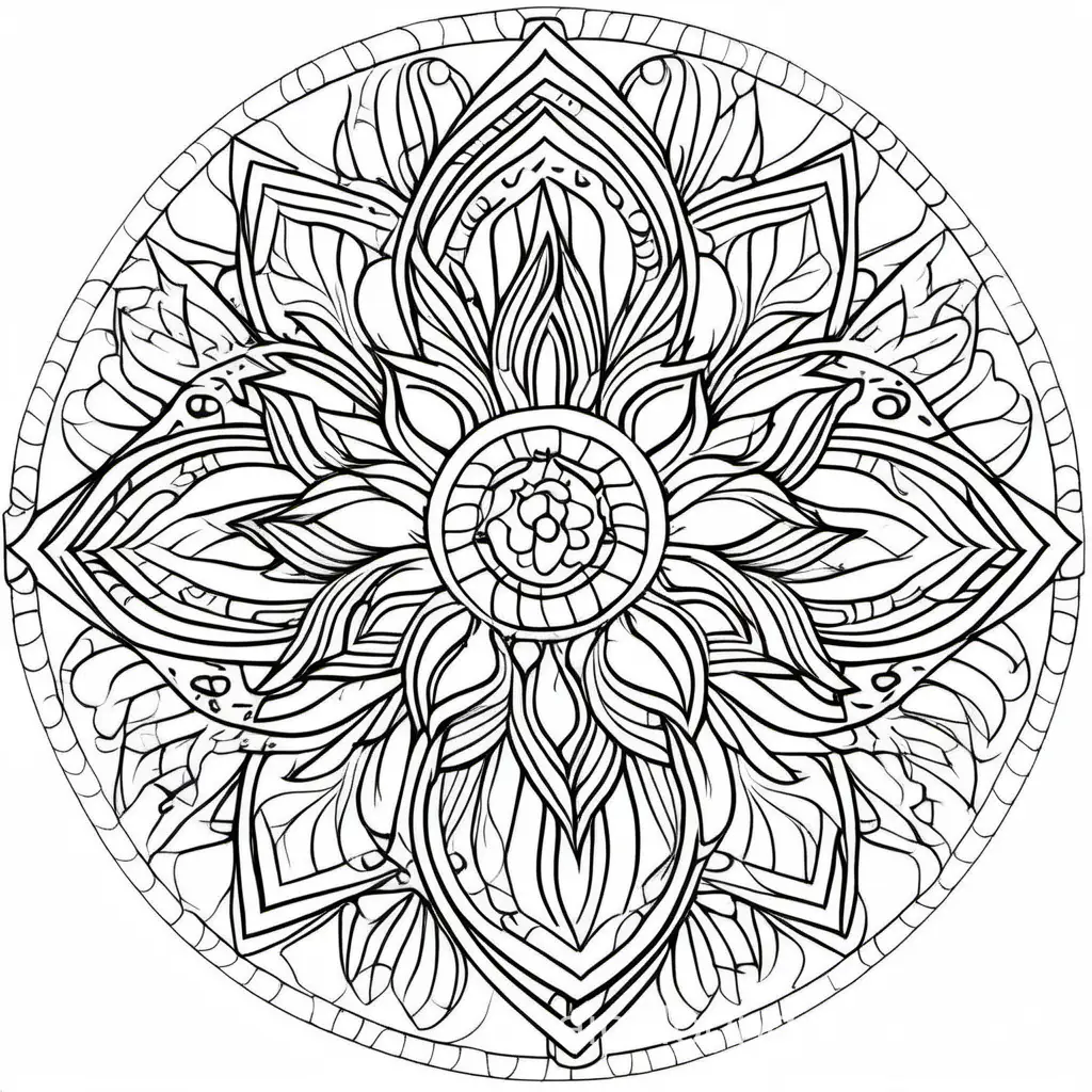 Mandala for adults , Coloring Page, black and white, line art, white background, Simplicity, Ample White Space. The background of the coloring page is plain white to make it easy for young children to color within the lines. The outlines of all the subjects are easy to distinguish, making it simple for kids to color without too much difficulty
