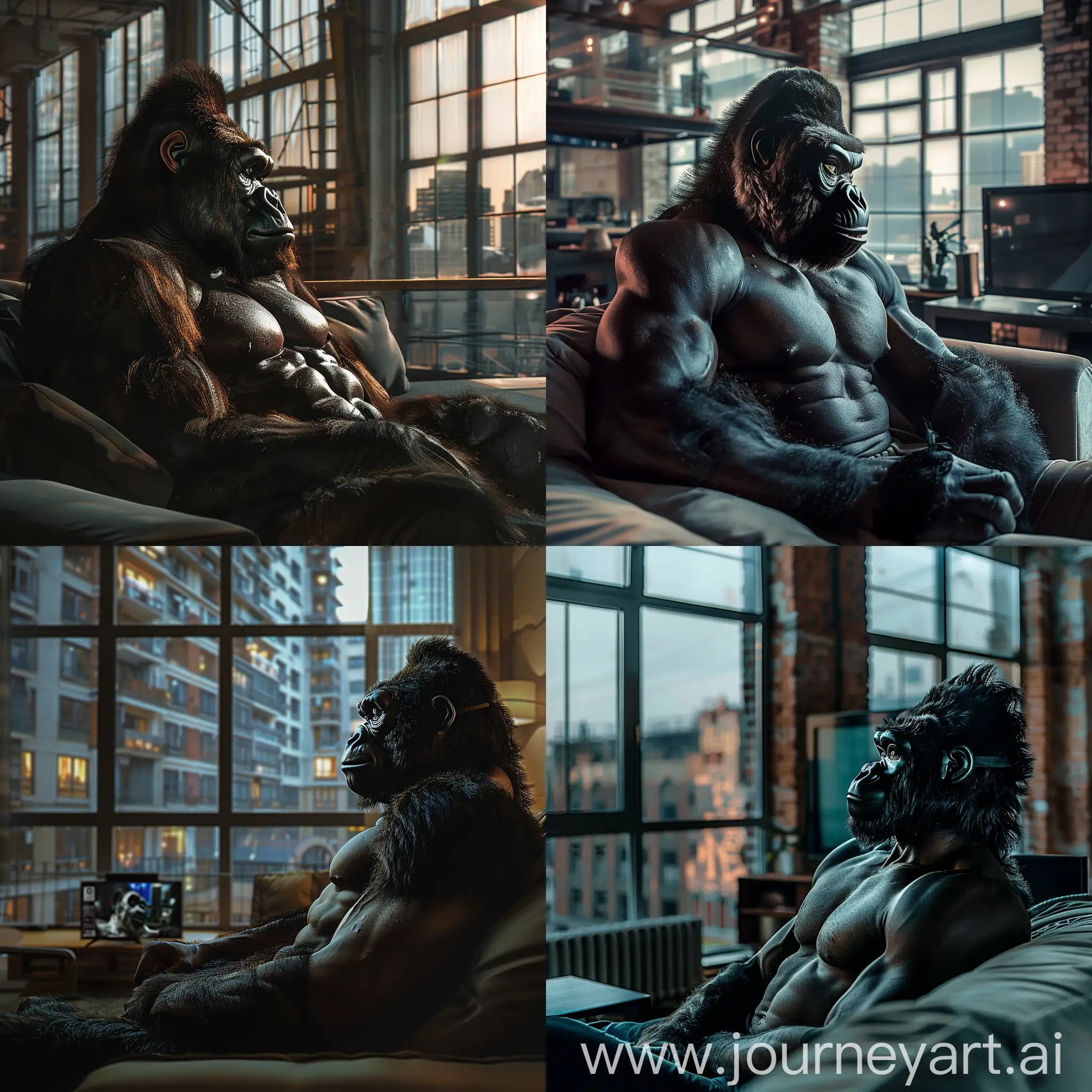 A hair, muscular man in a gorilla mask, sitting on the couch, watching tv in a large loft apartment building, soft lighting, soft focus