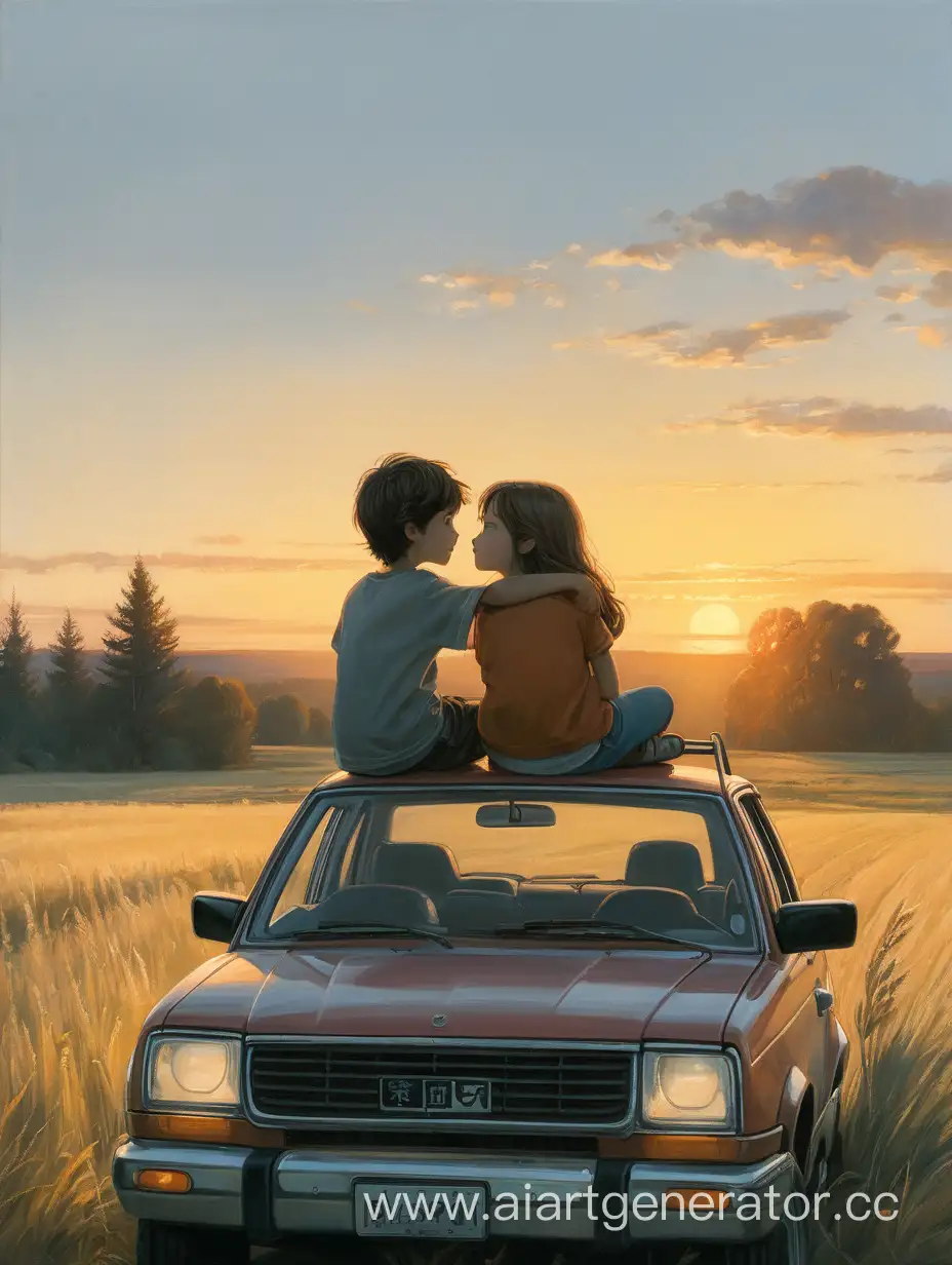 Serene-Sunset-Girl-and-Boy-Enjoying-Quiet-Moment-on-Car-Hood