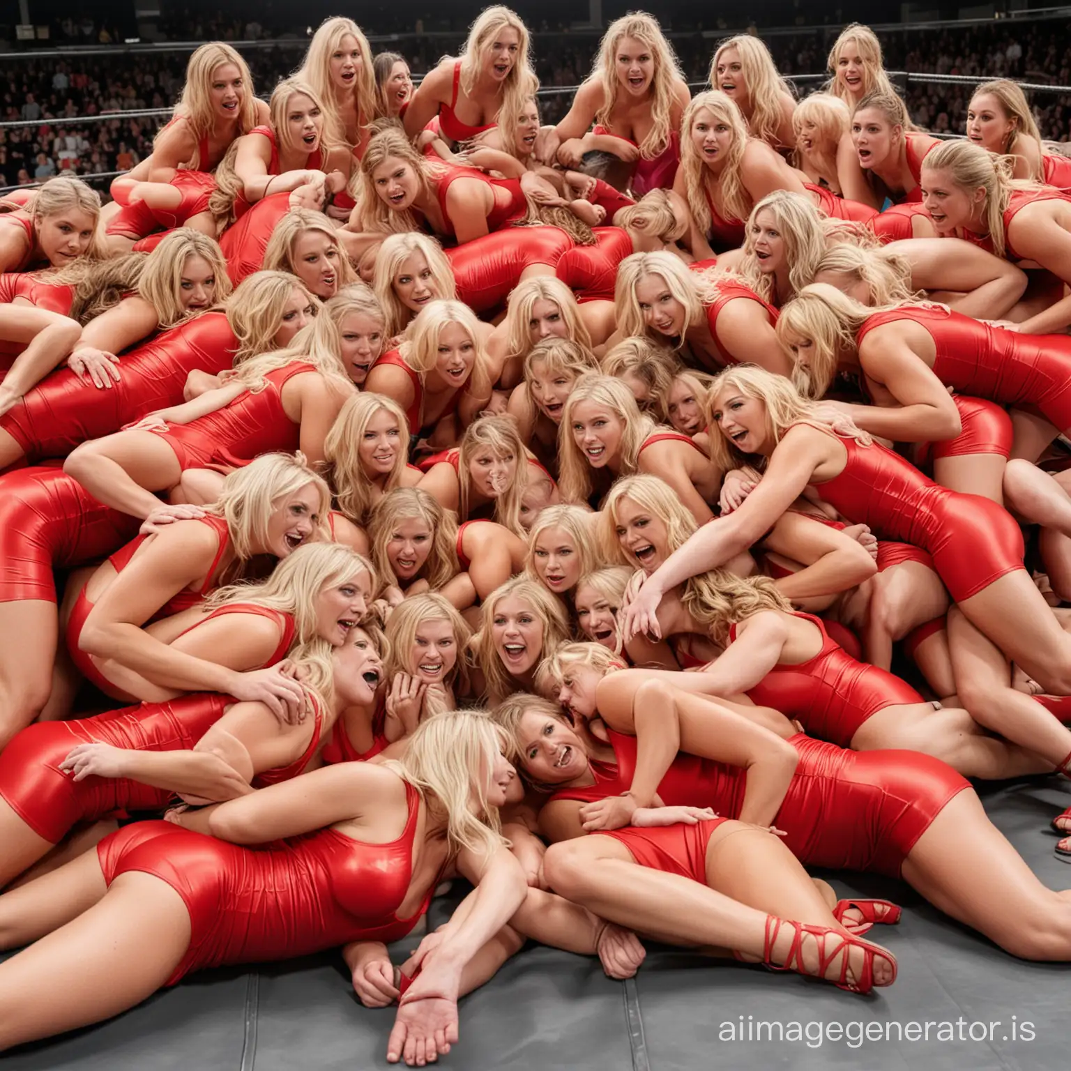 huge pile of blonde women wrestling in a pile wearing red bodycon dresses in a wrestling ring