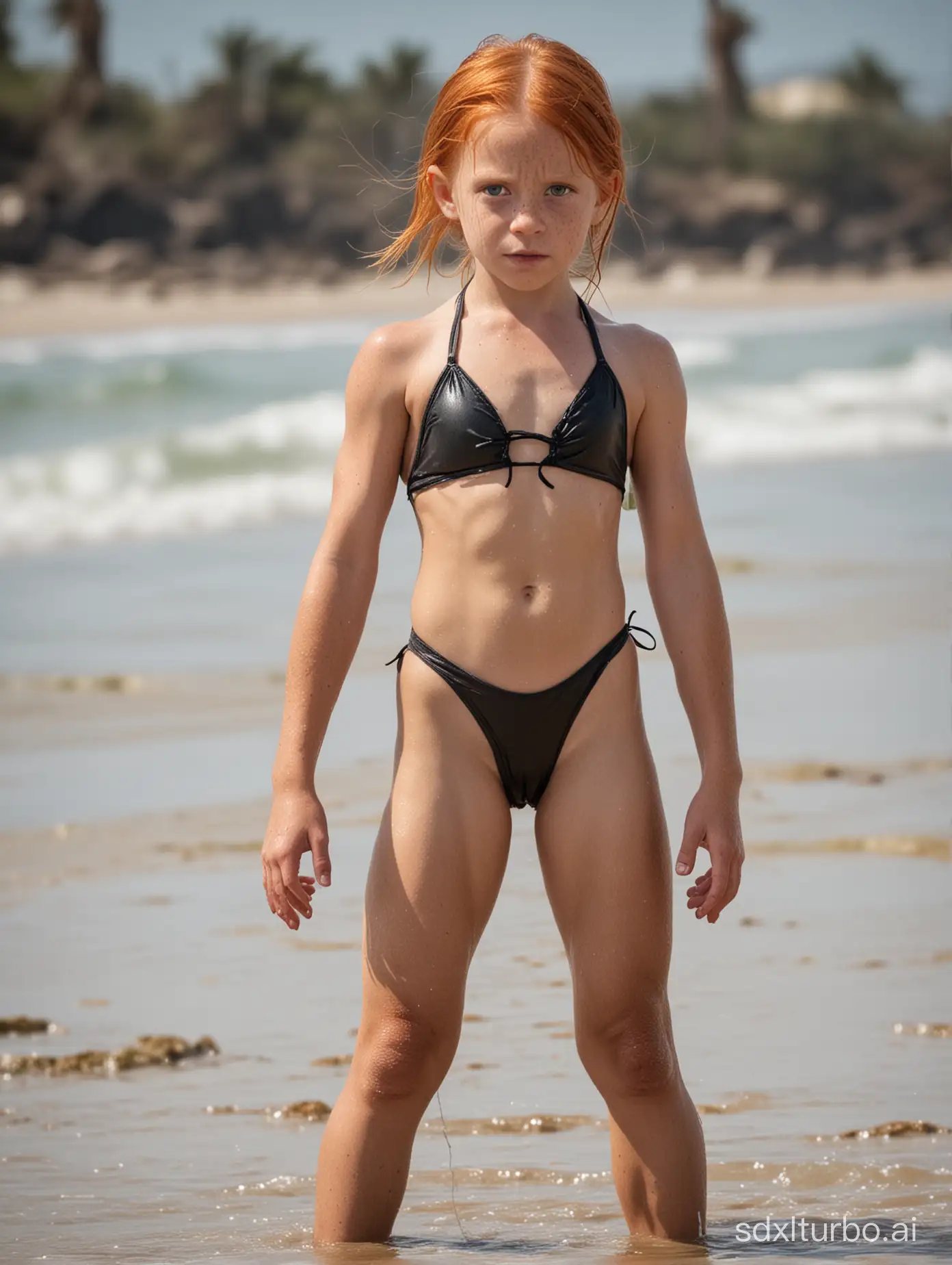 7 years old ginger hari girl, very muscular abs, string bathingsuit at the beach, in Zombie world