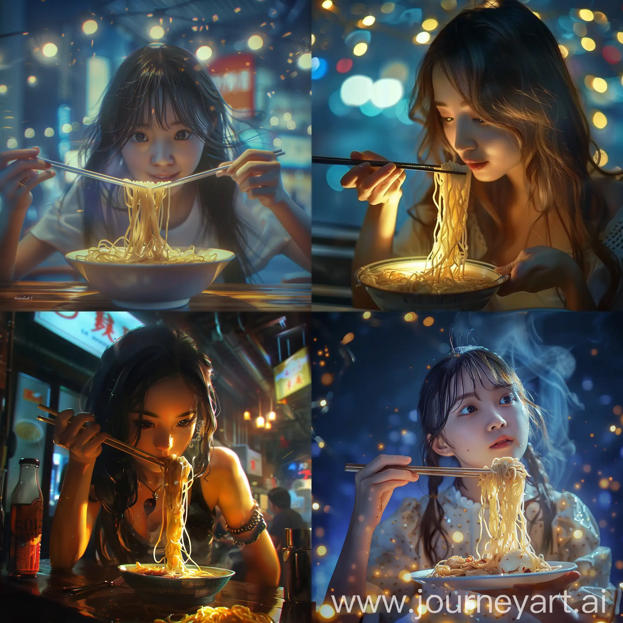 a girl is eating noodles, it looks very delicious, sharp focus, highly detailed, cinematic atmosphere, dynamic background, fine composition, vivid colors, elegant, intricate, confident, complex, hopeful, unique, epic, enhanced, glowing, shiny, rich deep color, best, light, novel, romantic, beautiful, symmetry, illuminated, strong, glorious, artistic, winning
