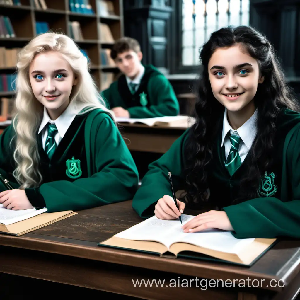 a young beautiful attractive girl with blonde hair and blue eyes in the form of Slytherin is sitting at a Hogwarts desk in class with a friend with dark hair. on another nearby row, a young handsome guy with dark curly hair is sitting at a desk and smiling at the girls, a view from the side