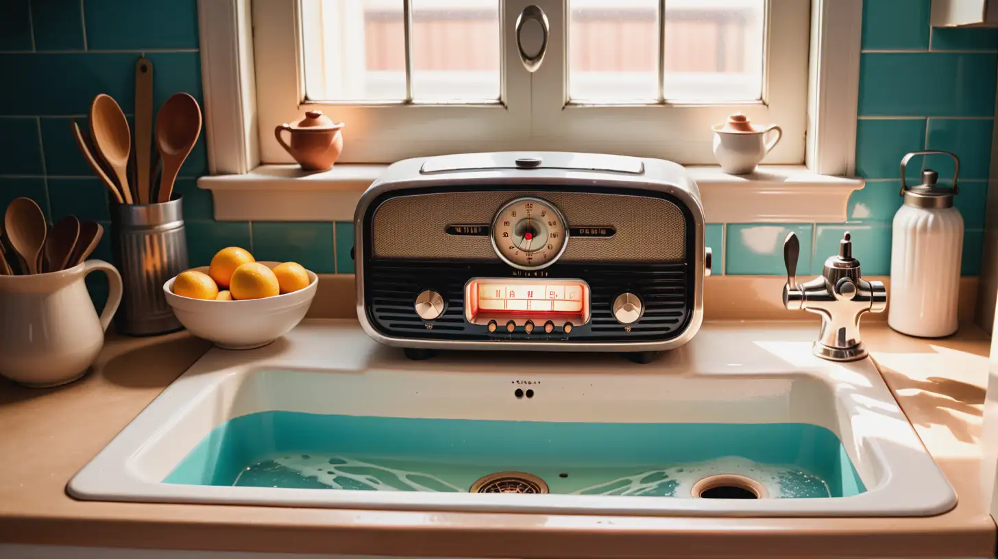 A vintage old time radio inside of a kitchen sink, full color, photographic quality, cinematic lighting.