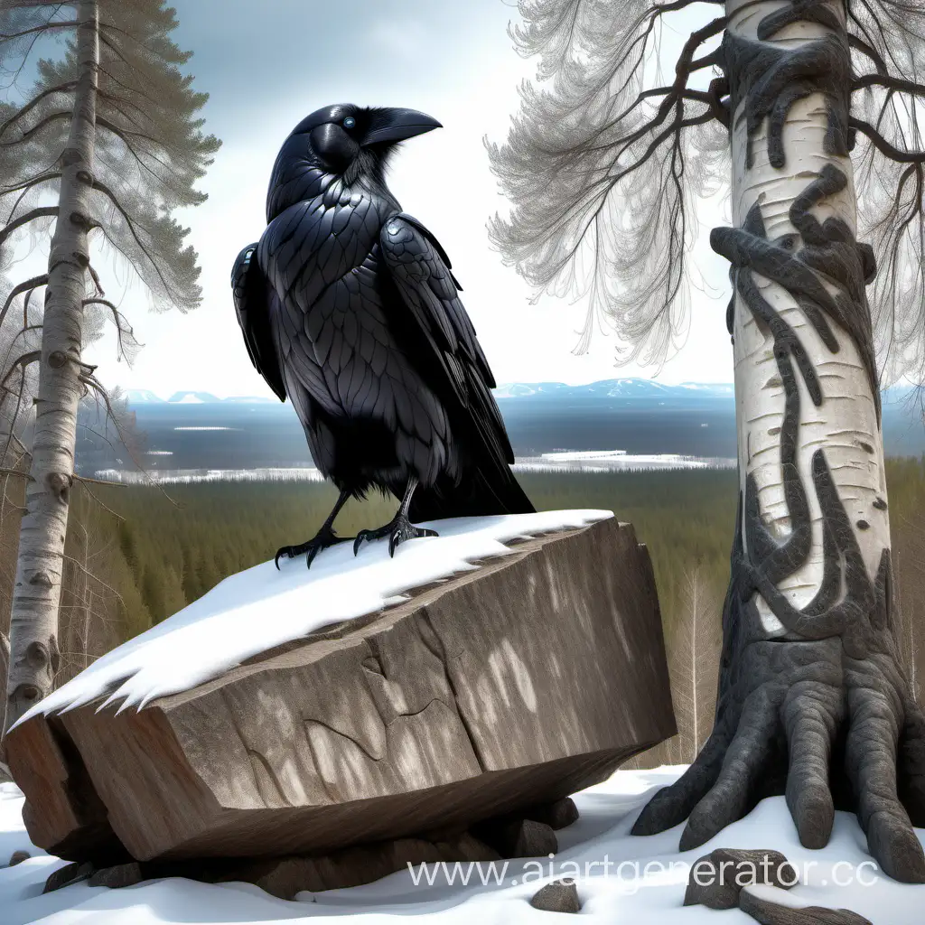The photo is of the highest quality.On a rocky rocky boulder with ancient rock carvings, a giant raven sits slightly bent over and looks into the eyes of a shaman of the north of Siberia. In the background there are tall cedars, in the near future a birch tree with colored ribbons on the branches, early spring. remnants of snow. Photorealism. The highest level of detail.