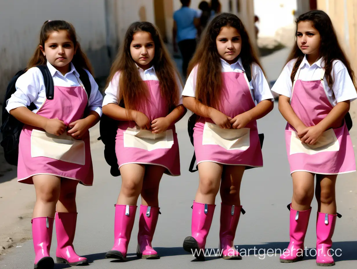 Group chubby algerian chubby naturist children long hair,feather boots,pink small apron ,school bag ,they going to school derriere