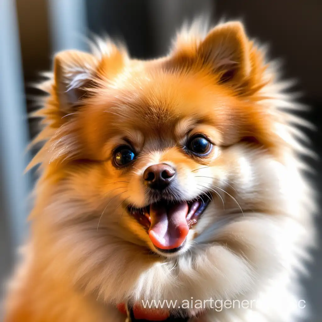 A small Pomeranian with bright orange fur and a happy face with its tongue out 