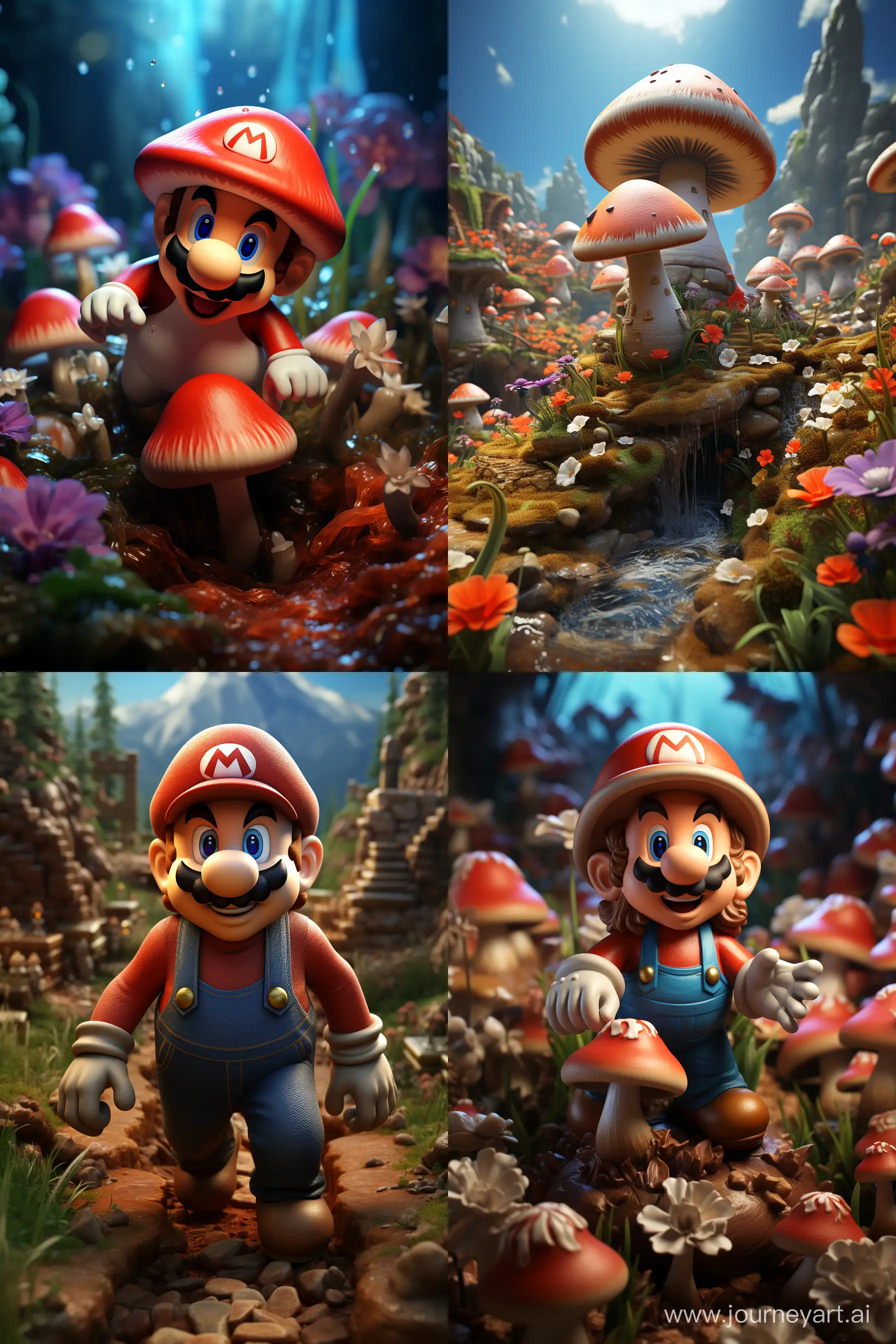 Super-Mario running, Mushroom Kingdom background, 32k, closeup, trending on poltcount 3D, game --v 5.2 --ar 2:3 --s 700 --q 2