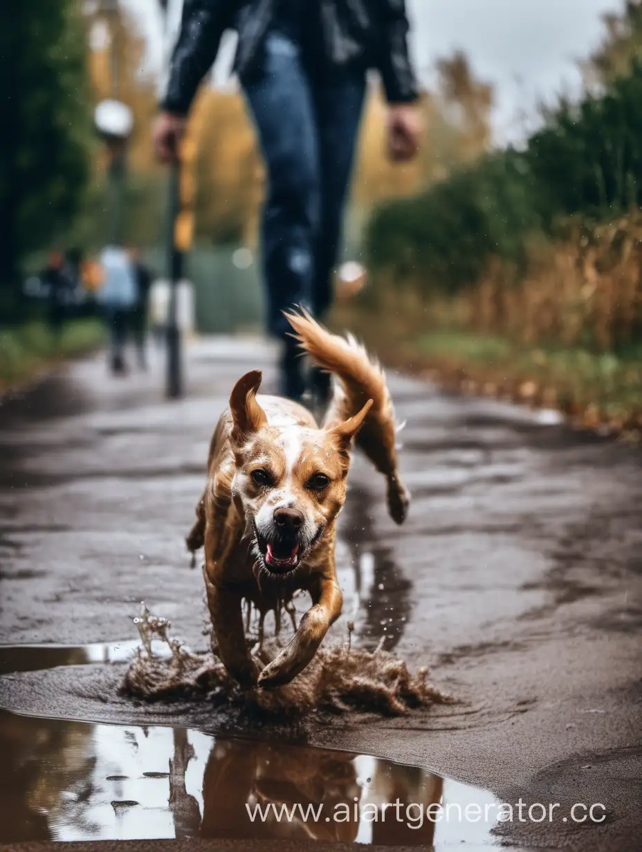 Playful-Dog-Jumping-Through-Park-Puddles-as-People-Stroll