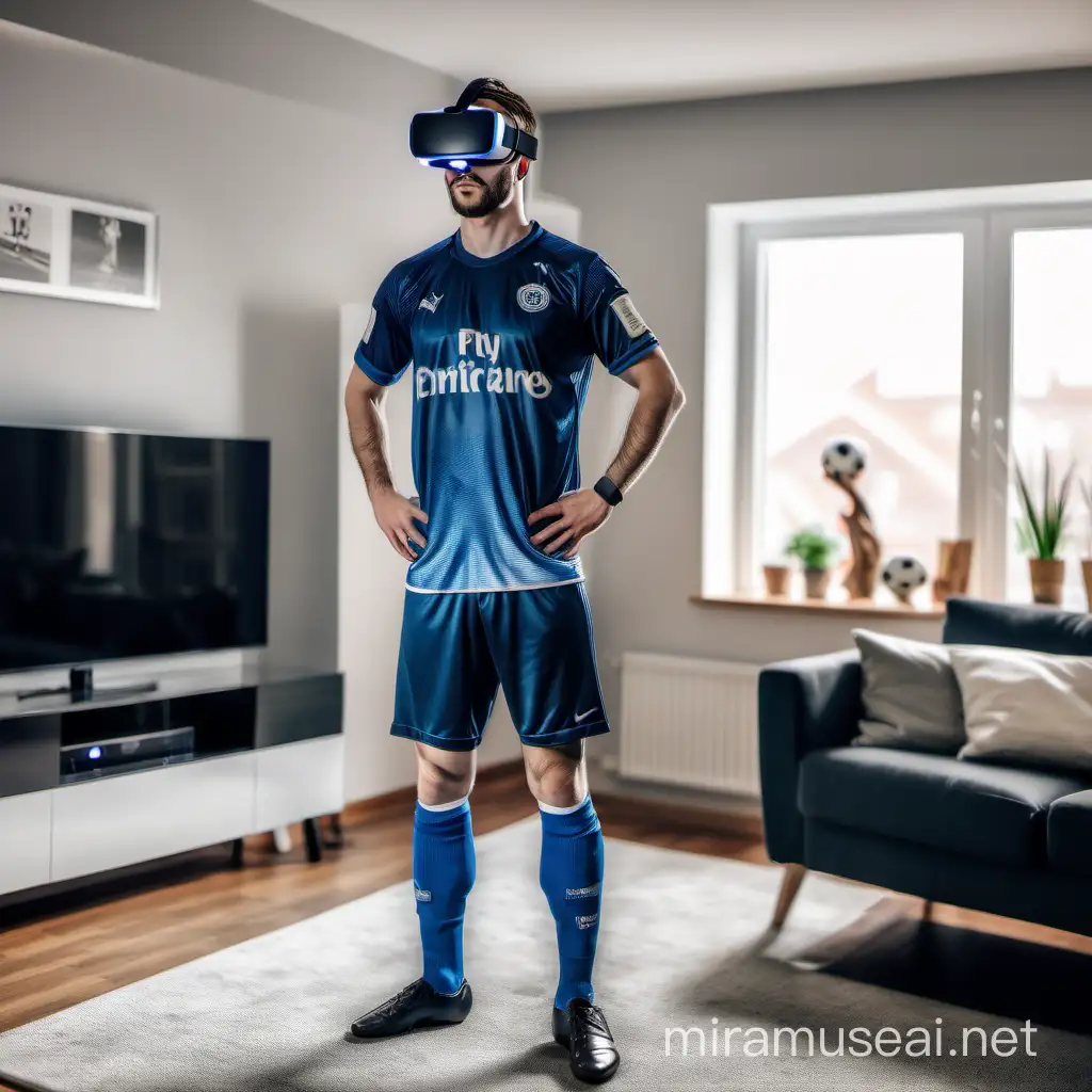a soccer player standing in his Livingroom with a tv behind him, he is in a football kit with a ball at his feet and he is wearing a vr headset