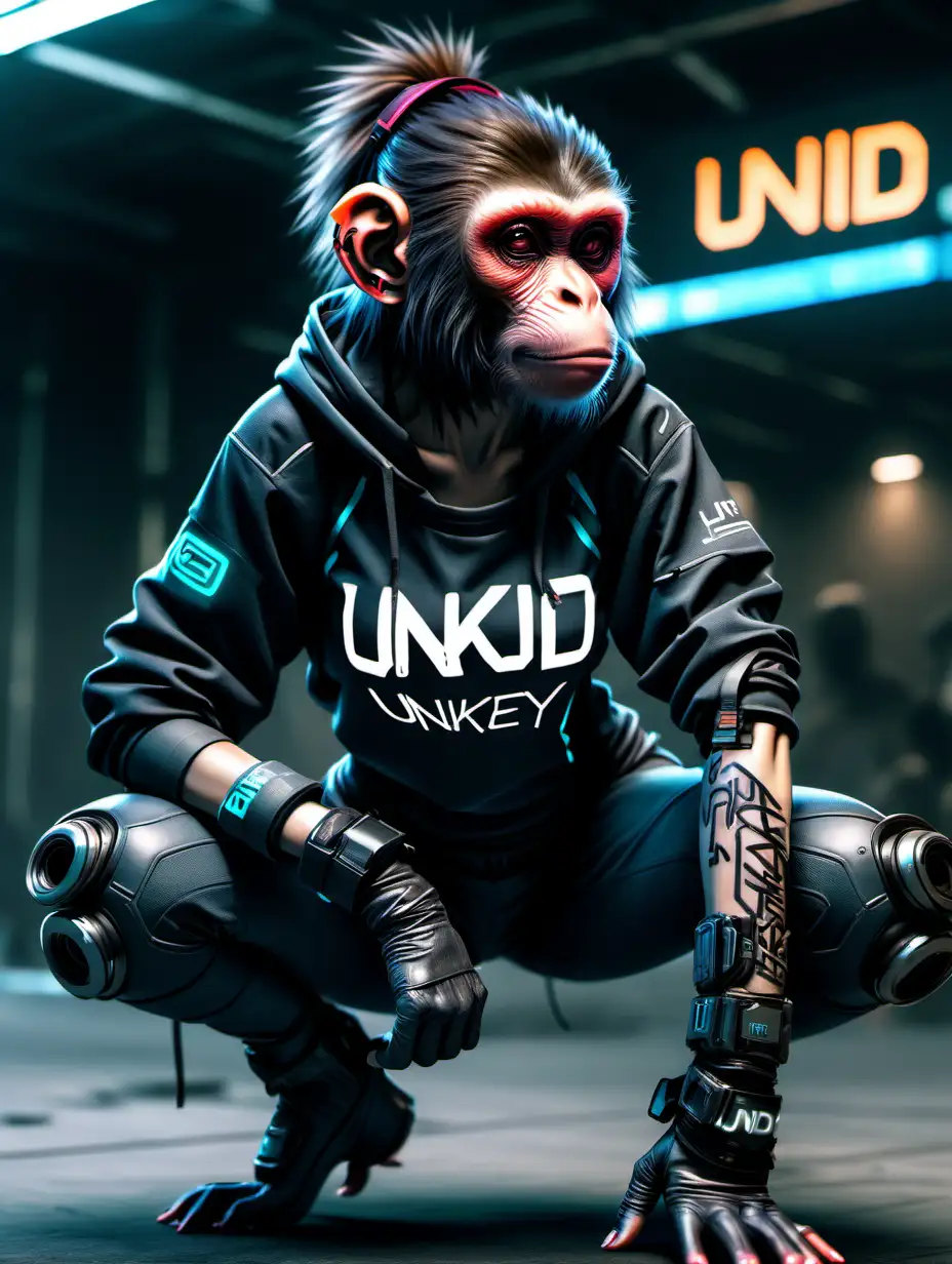 cyberpunk female monkey athlete with UNKJD writing on clothes