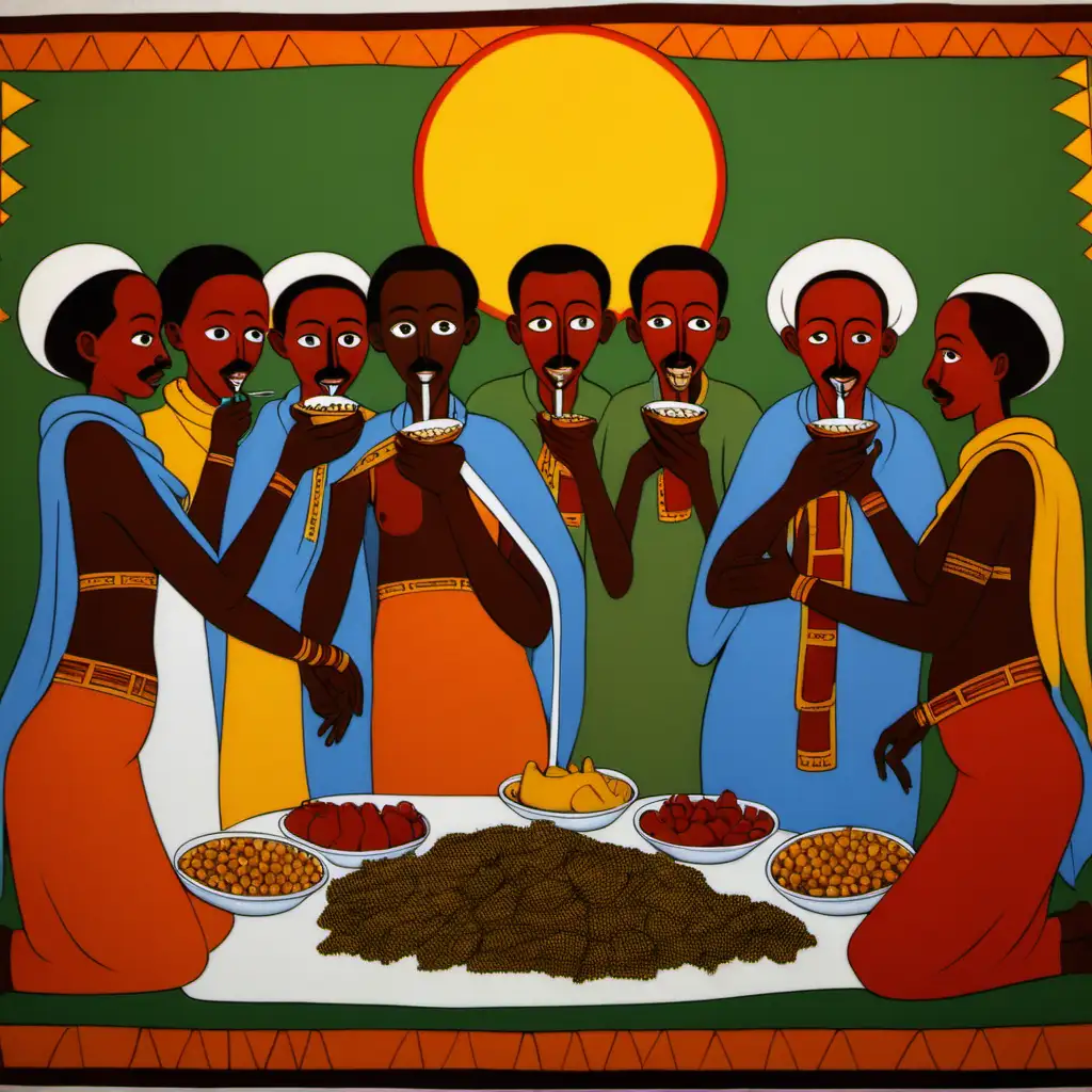 Ethiopian style painting of people eating