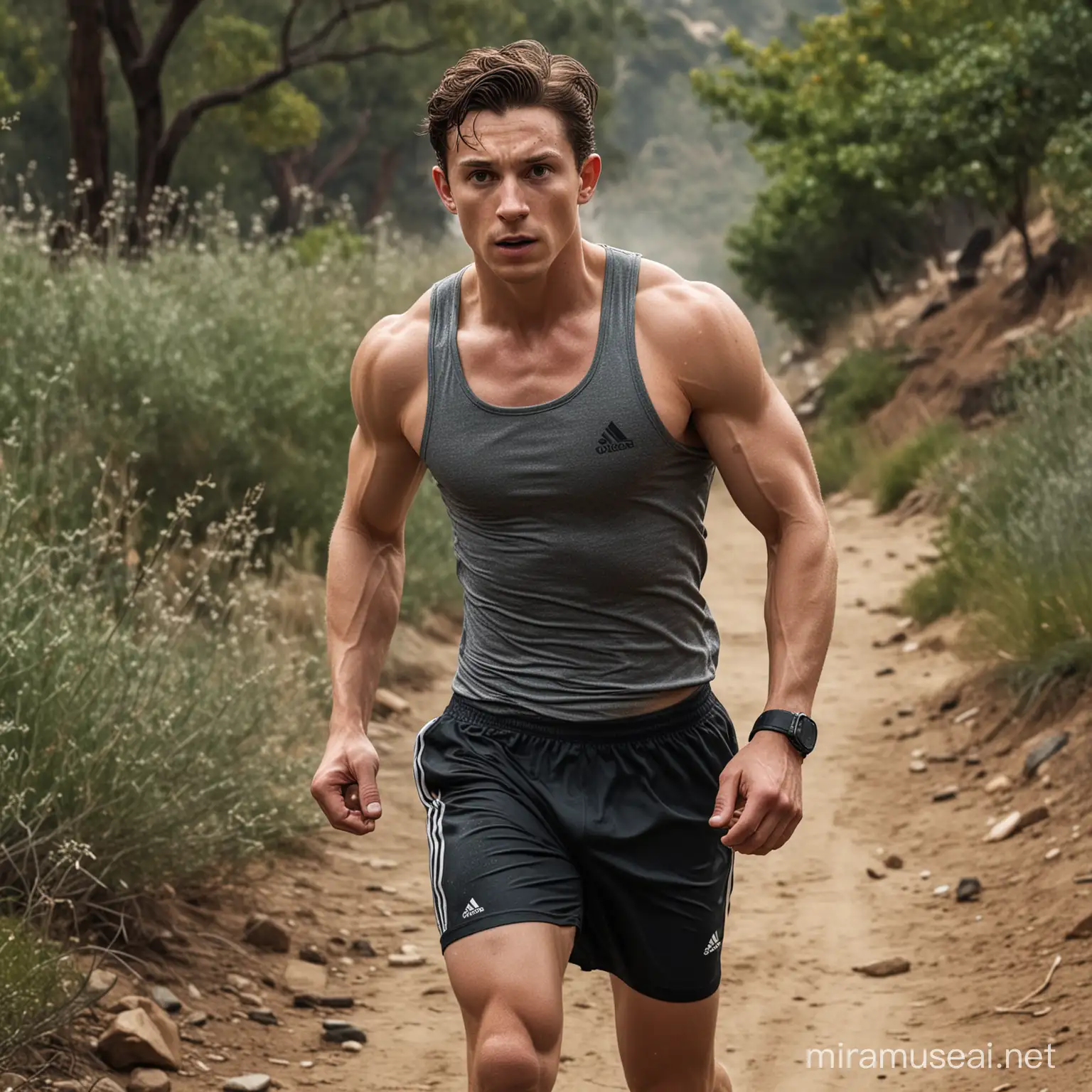 A hyper-realistic photo of a sweaty muscular bodybuilder Tom Holland running in tight Adidas running shorts around Runyon Canyon. 