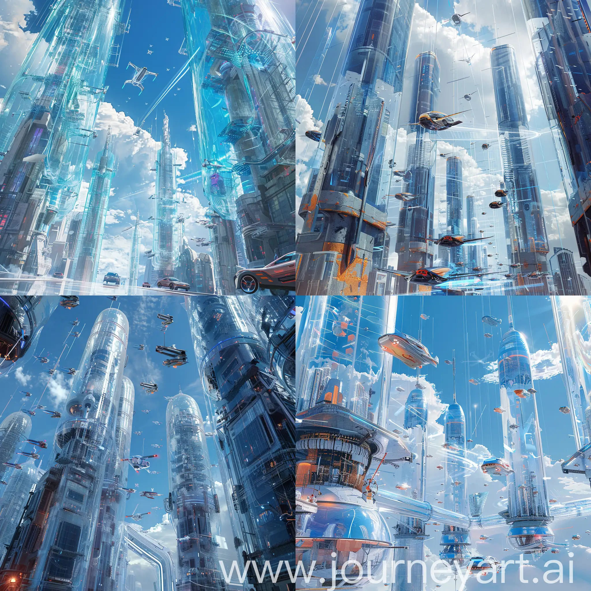 "Produce a stunning and realistic image of a futuristic city using Stable-Diffusion AI. Craft a highly detailed 8K scene featuring flying cars, varied glass structures with distinct weathering effects, ethereal lighting, and a vibrant blue sky. Utilize Octane Render for crisp focus, and infuse the composition with an elegant, digital painting style. Ensure the final output exhibits bright colors, aiming for a trending presence on ArtStation."