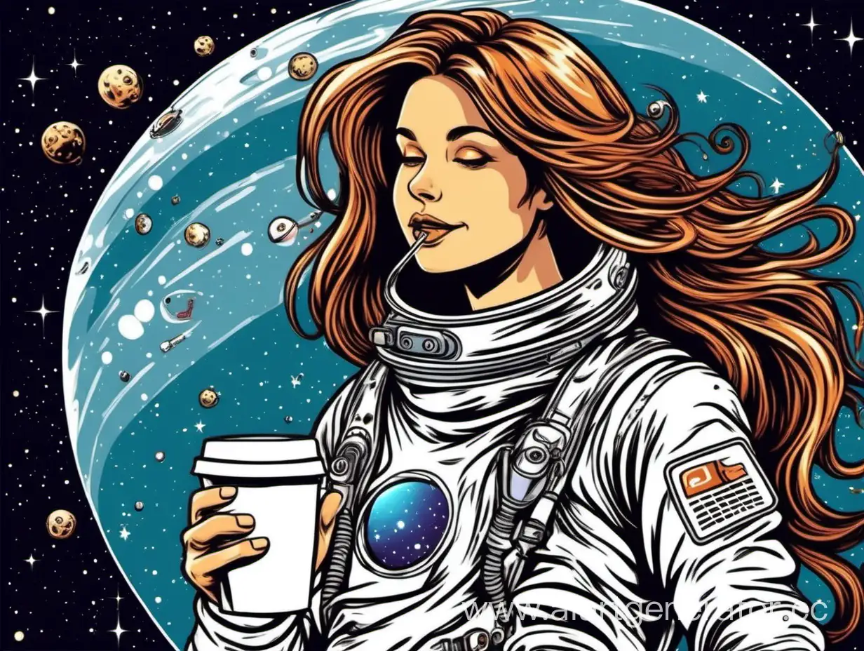девушка в космическом скафандре с длинными волосами пьёт кофе на орбите в стиле мультика
