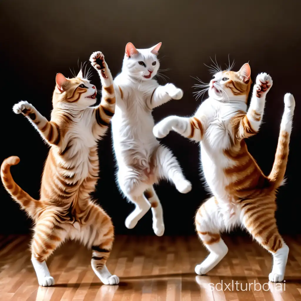 realistic photo of dancing cats
