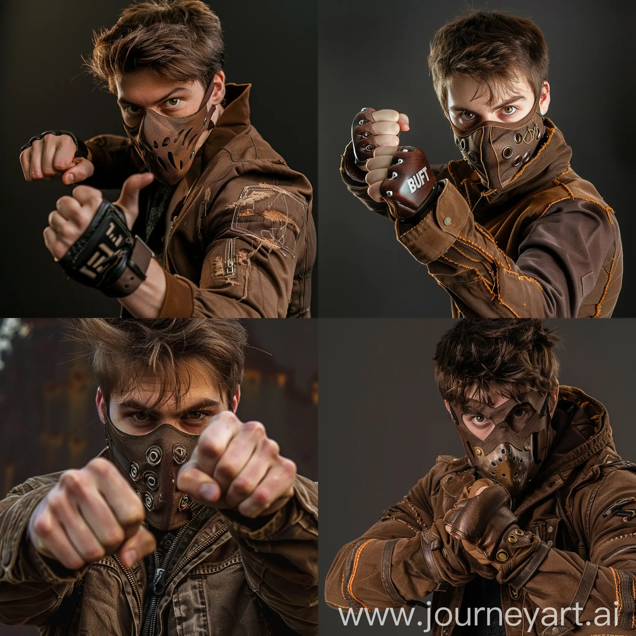 Confident-Fighter-in-Brown-Jacket-and-Mask-Striking-a-Dynamic-Pose