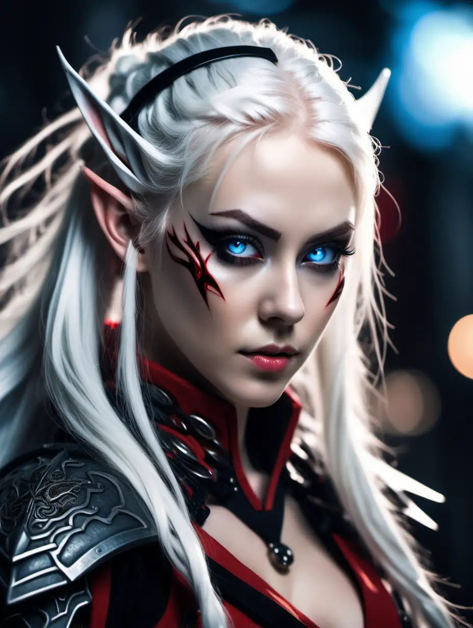 Beautiful Nordic woman, very attractive face, detailed grey blue eyes, elf ears, slim body, dark eye shadow, long messy white hair, wearing a black and red samurai sci-fi cyber suit, cyber sword, close up, bokeh background, soft light on face, rim lighting, facing away from camera, looking back over her shoulder, illustration, very high detail, extra wide photo, full body photo, aerial photo
