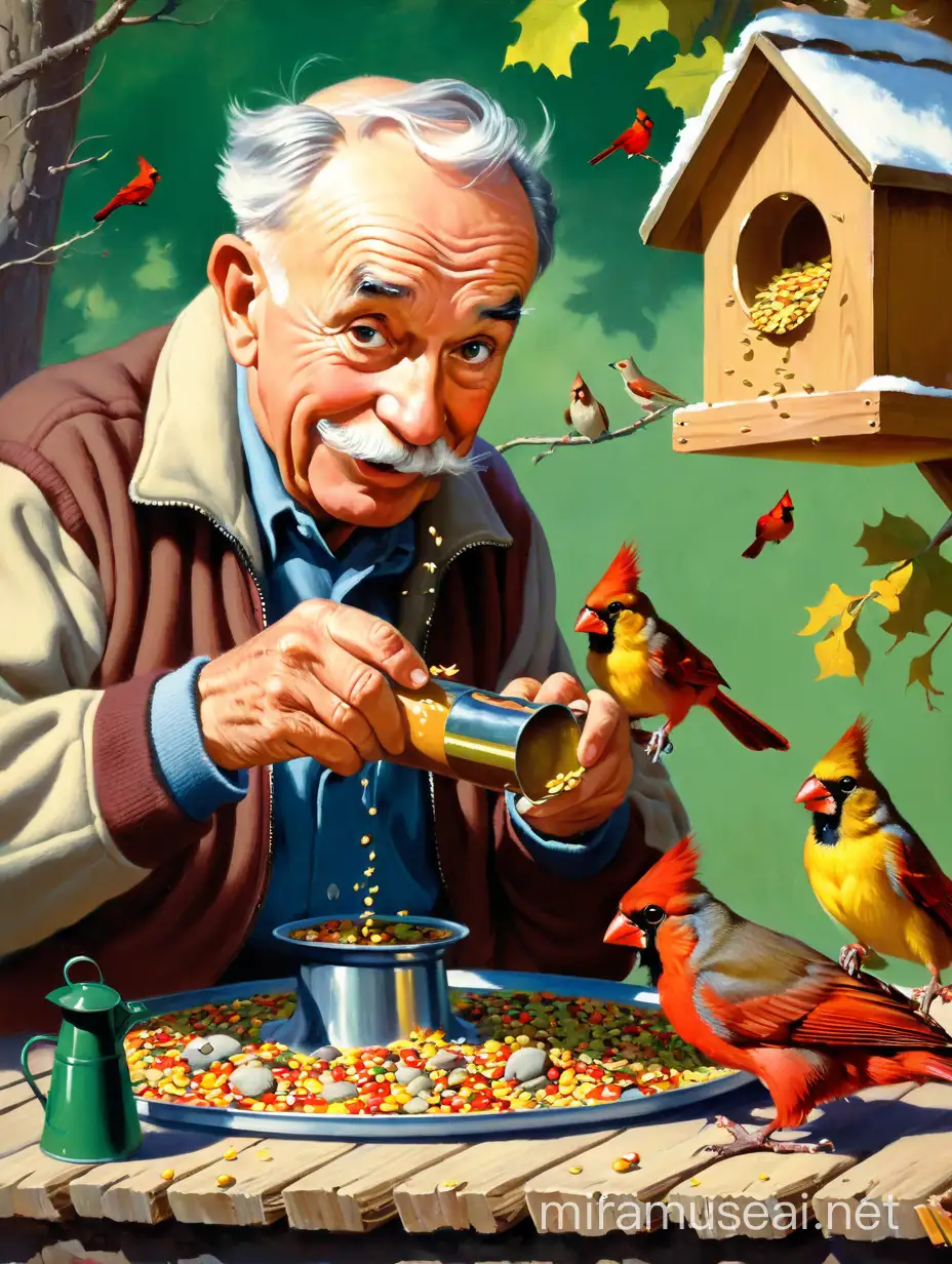 An old man( 75 years old) feeding three small ravenous cardinal family around the long bird feeder. Paint them in the flat colorful style of Gil Elvgren and Ed Emshwiller plus other colorful artists of the 1950s. Make it humorous and lighthearted because a sneaky squirrel is stealing seeds from the spilled over bag of seeds.