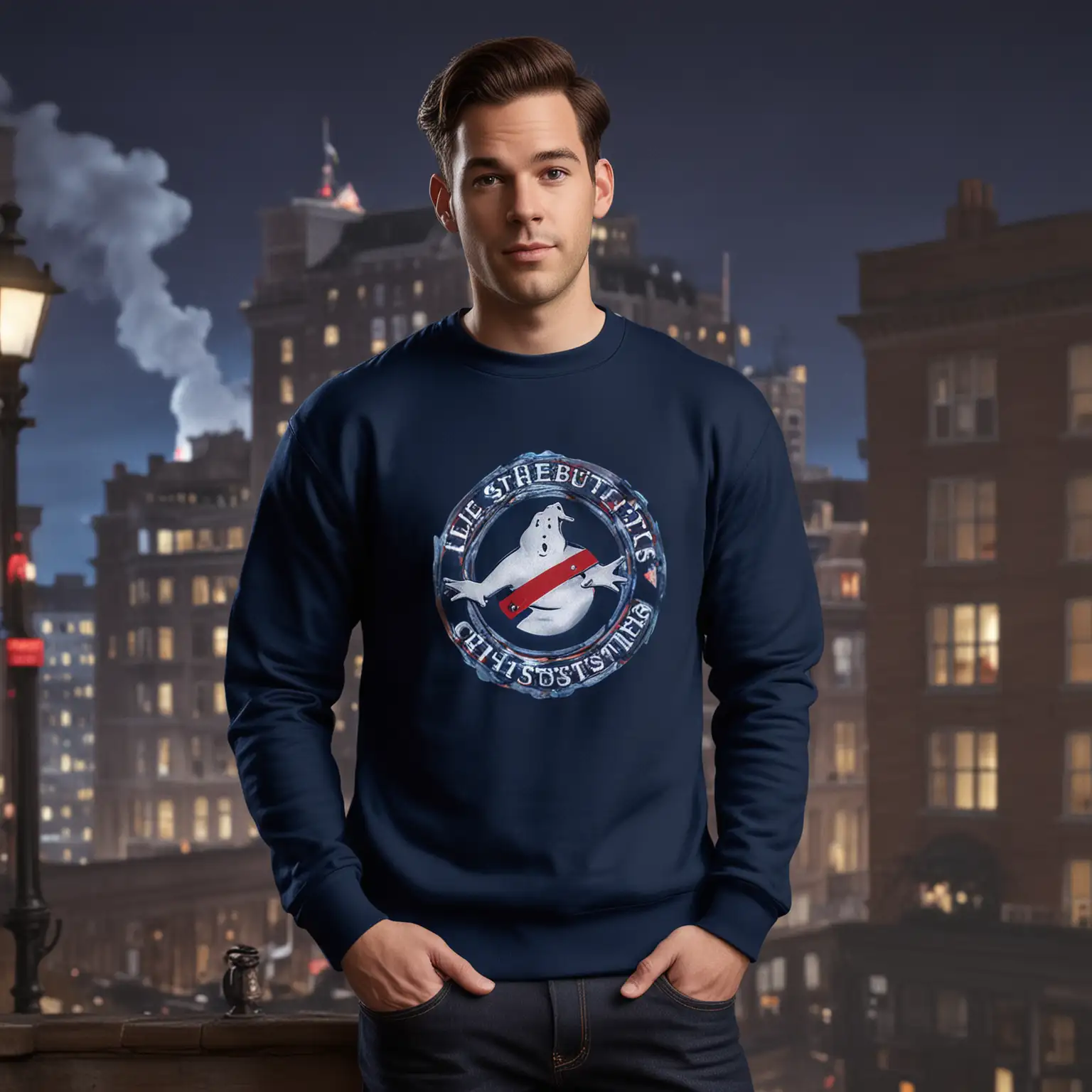 Navy Blue Sweatshirt Mockup with Ghostbusters Lewis Lookalike in Themed ...