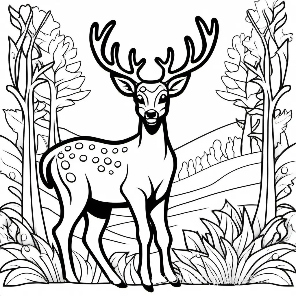 deer, Coloring Page, black and white, line art, white background, Simplicity, Ample White Space. The background of the coloring page is plain white to make it easy for young children to color within the lines. The outlines of all the subjects are easy to distinguish, making it simple for kids to color without too much difficulty