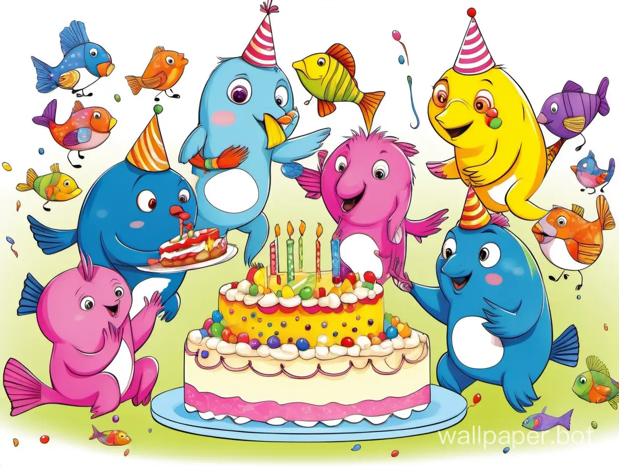 Animals having a birthday party. There is birds too. and a fish. Some are dancing. Some are eating cake. Colorfull.