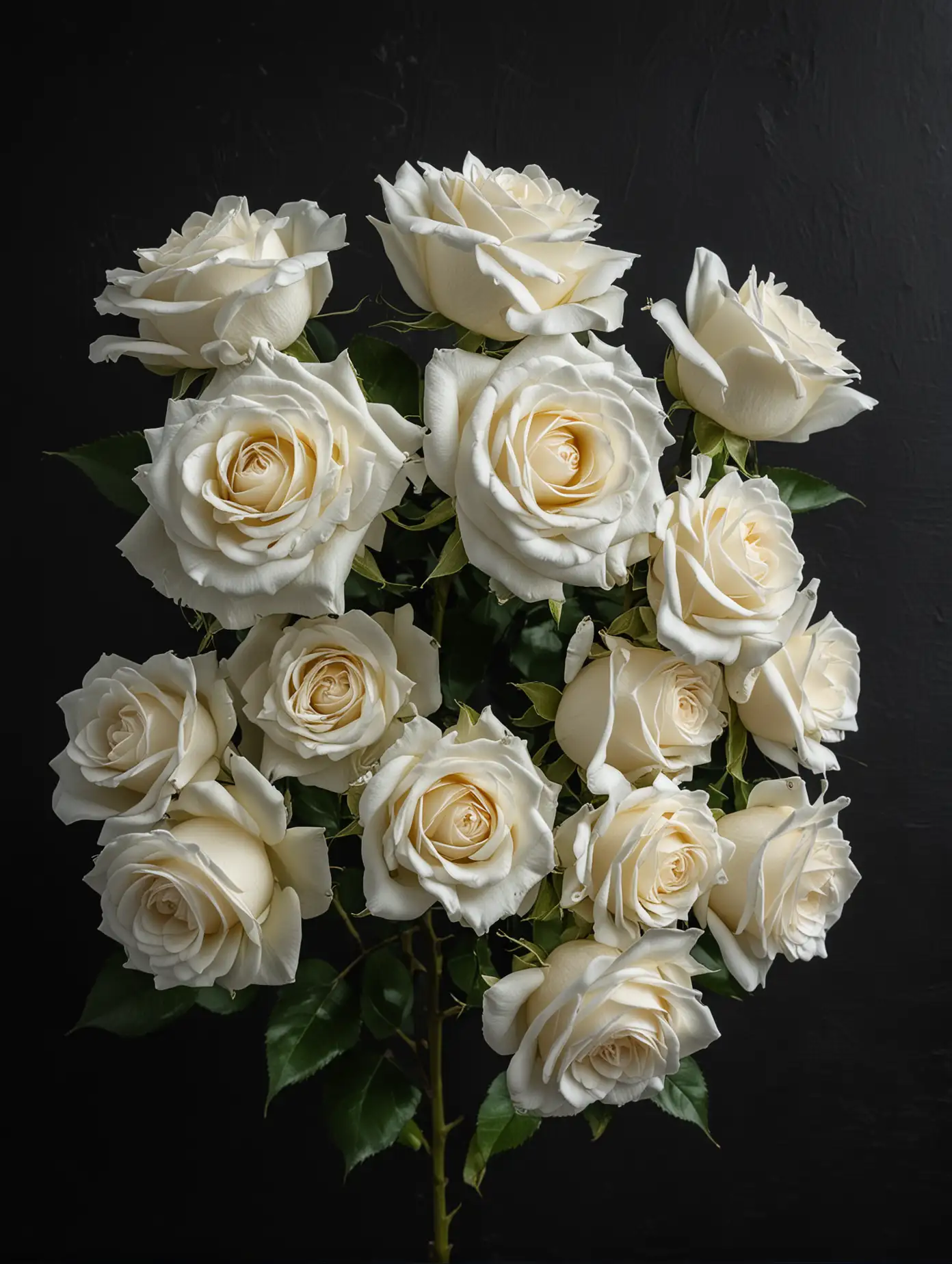 on black background lies several white roses, black solid background