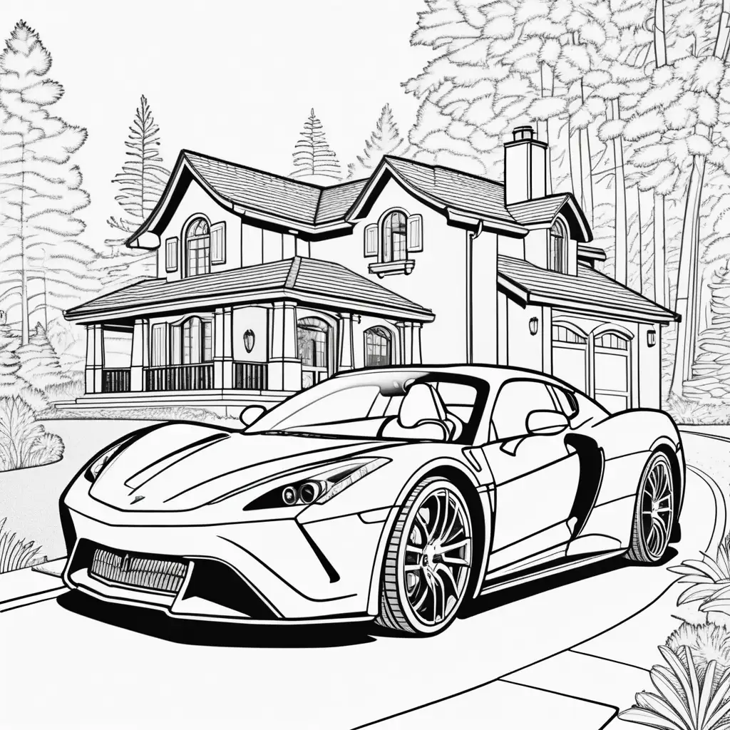 A luxury modern sports car on the driveway of big cottage in forest, coloring page, cartoon style, this lines, few details, no background, no shadows