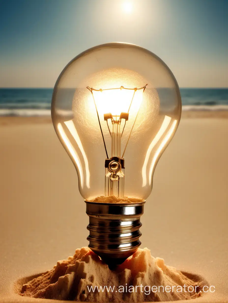 лампочка светит на песочном фоне