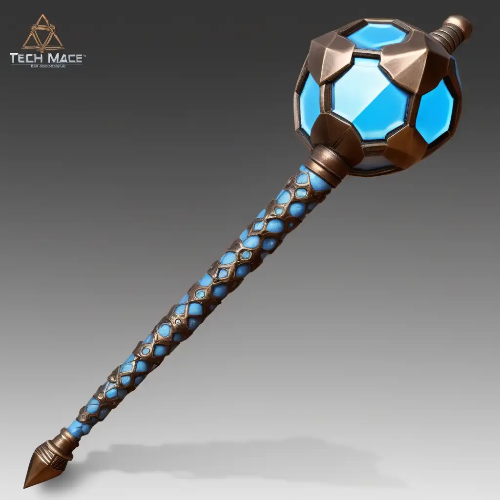 tech mace weapon, icosahedron mace head, long mace handle, light blue and bronze