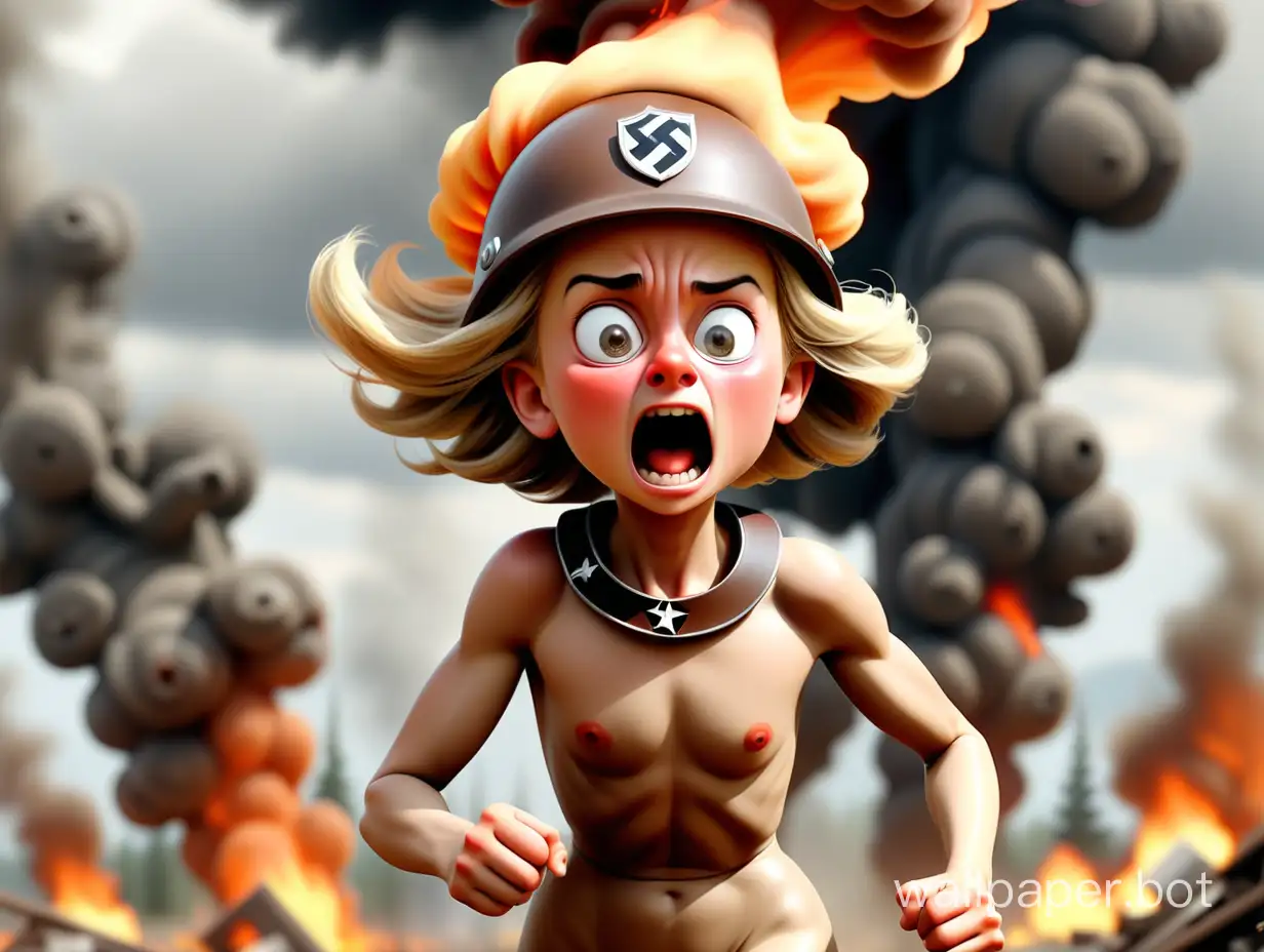 German girl Ursula von der Leyen 11 years old nudist with medals on her neck in brown tights runs towards the battlefield with smoke of fires under a stormy sky, wearing a Nazi helmet on her head a huge scary bear is chasing after her