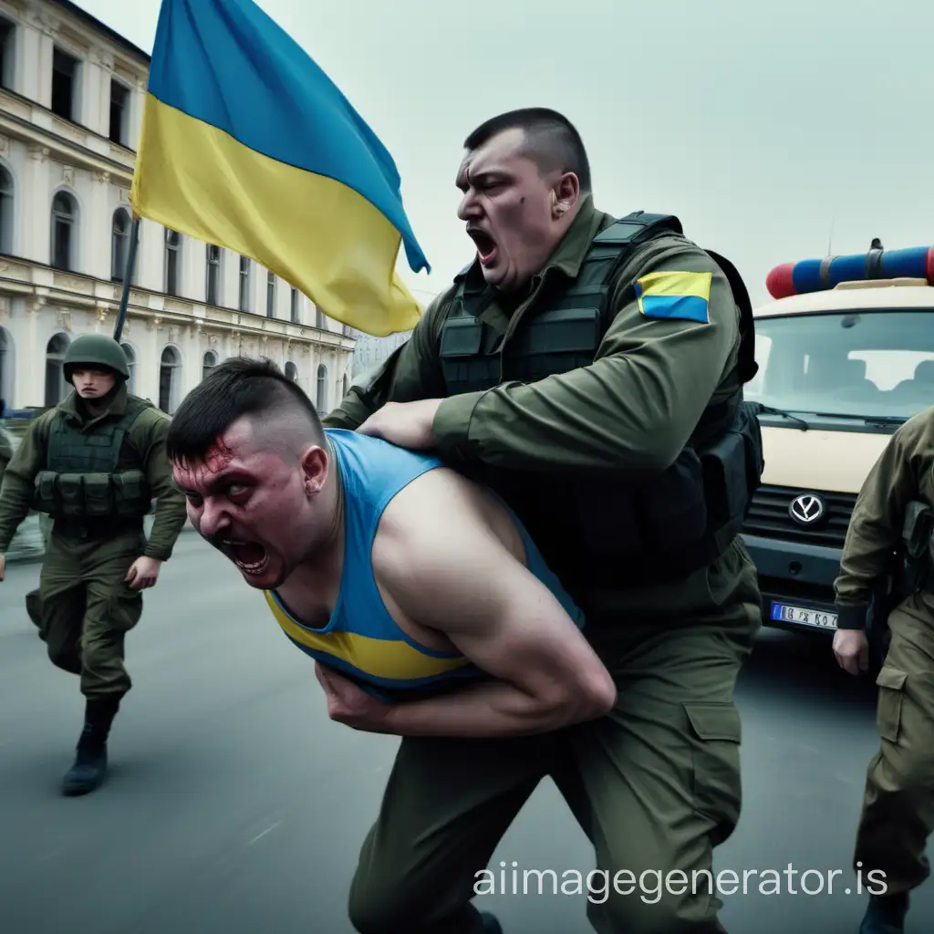 In the background, a minibus with the flag of Ukraine on the roof, in the foreground a thick military man strangles a skinny guy behind the neck