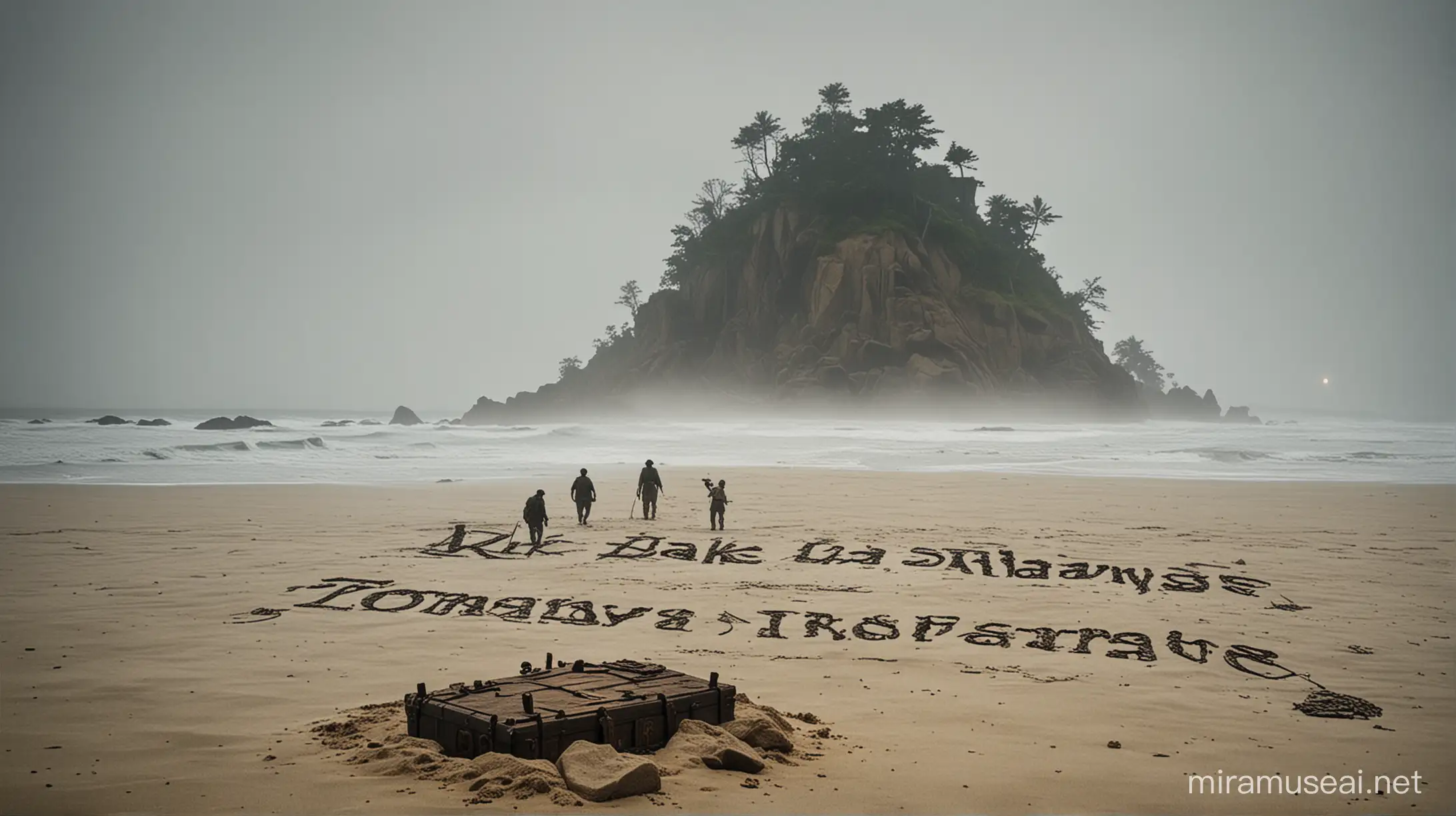Show a mysterious island surrounded by mist, with an old, weathered treasure chest half-buried in the sand. In the background, silhouette figures of explorers with torches can be seen, hinting at the ongoing quest for the hidden treasure. Above the island, the words "Oak Island: Rahasyamayi Khazane Ka Parda Faash" are written in bold, mysterious font, adding to the intrigue of the scene.