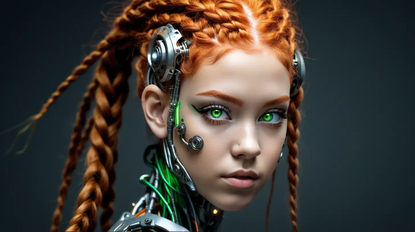 Cyborg woman, 18 years old. She has a cyborg face, but she is extremely beautiful. Orange wild hair, braids, green eyes.She has beautifully-shaped round-shaped natural ears.