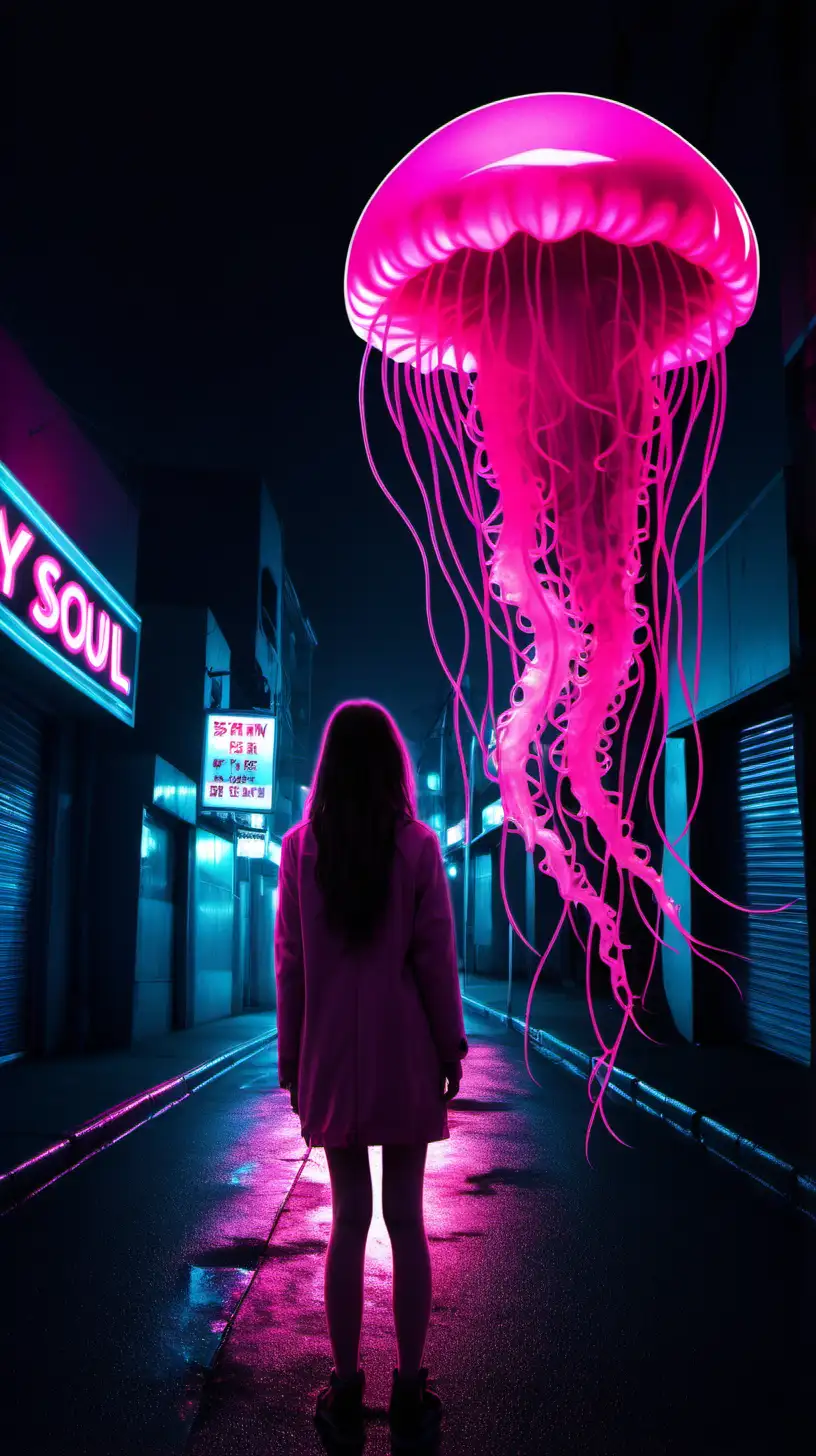 Lonely Night Cityscape with Neon Pink Girl and Jellyfish