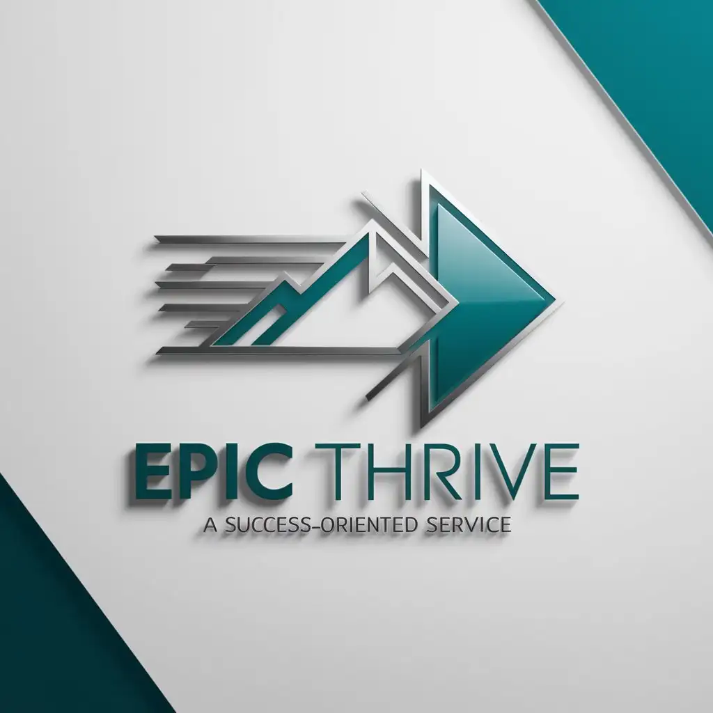 Create a flat vector, illustrative-style abstract concept logo design for a success-oriented service named 'Epic Thrive', featuring a stylized mountain peak within the negative space of a forward-moving arrow. Use shades of teal and silver to convey sophistication and aspiration against a white background. This symbol represents overcoming challenges and reaching new heights in one's personal and professional growth journey.
