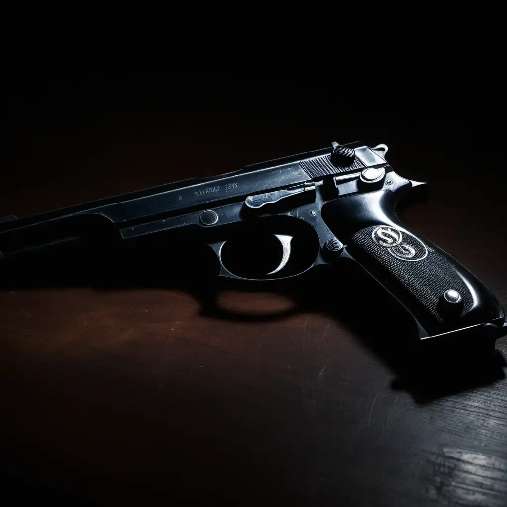 World War 2 Black Sauer 38H pistol on desk in dimly lit study in the dark at night full shot