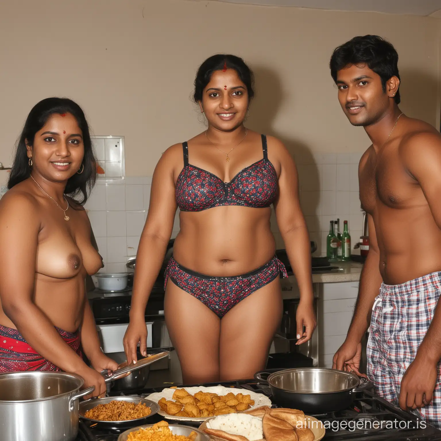 Dark skinned fat chubby south indian aunty aged 45 in underwear with son and friends cooking