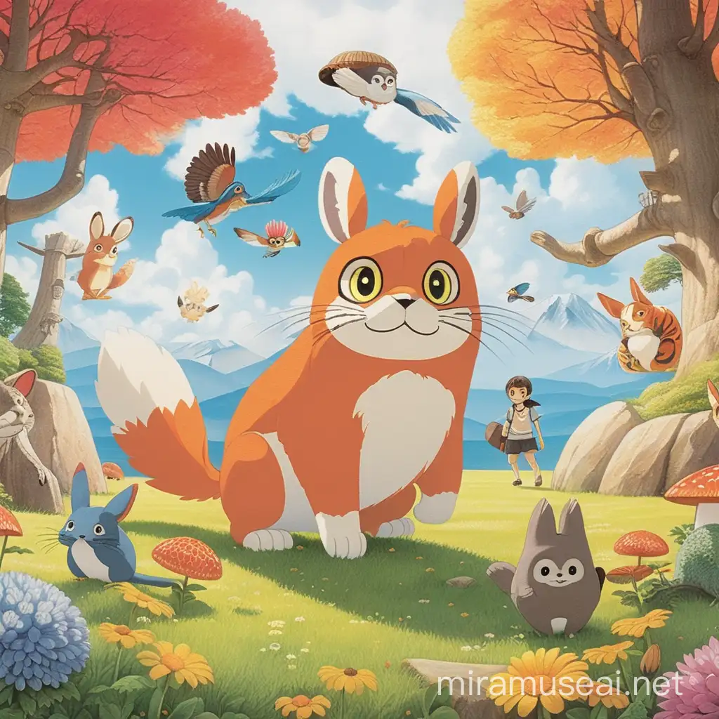 Create a colorful animal illustration in the style of Hayao Miyazaki's anime